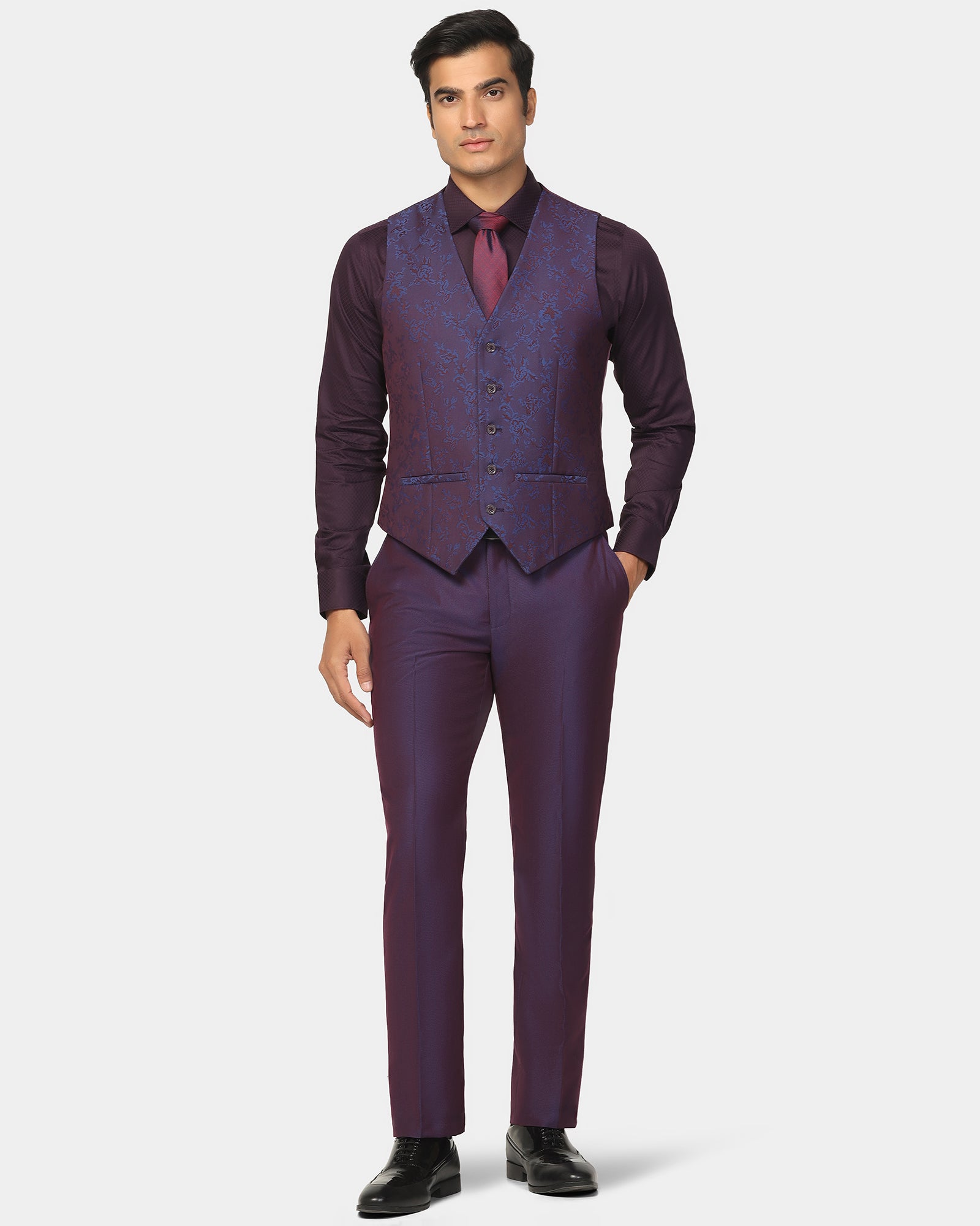 Three Piece Purple Textured Formal Suit - Zenin