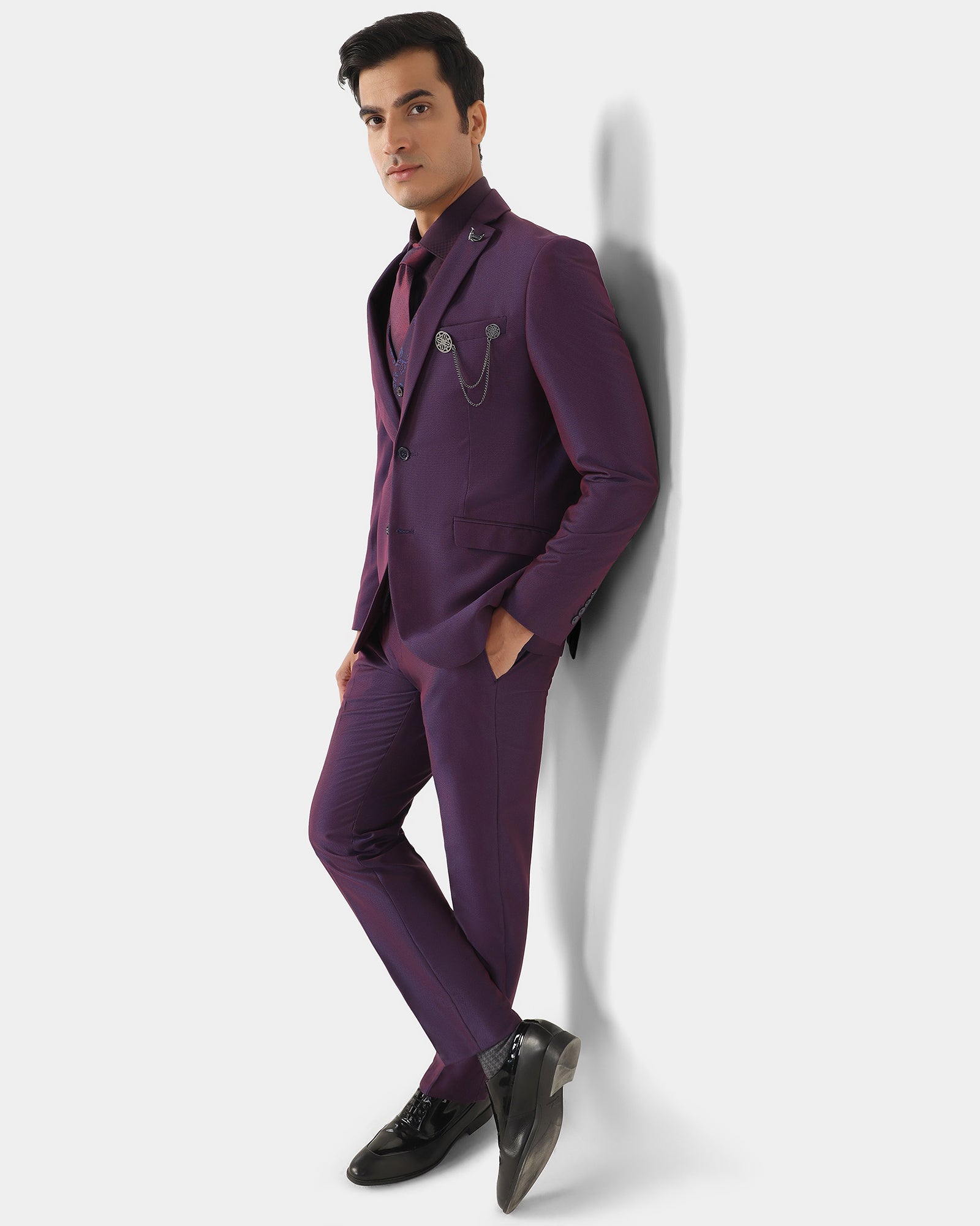 Three Piece Purple Textured Formal Suit - Zenin