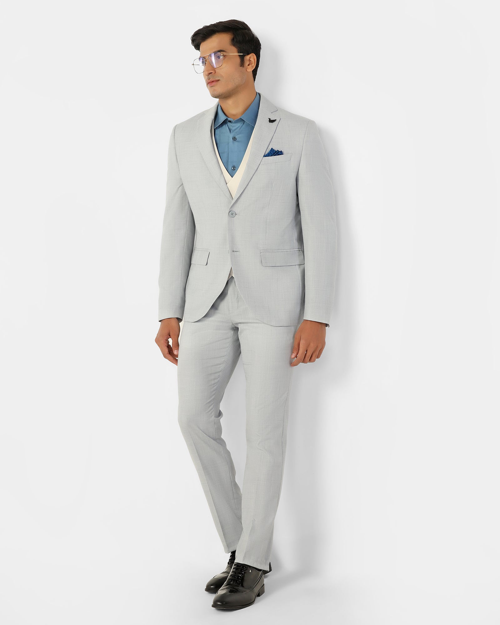 Two Piece Light Grey Check Formal Suit - Enrico