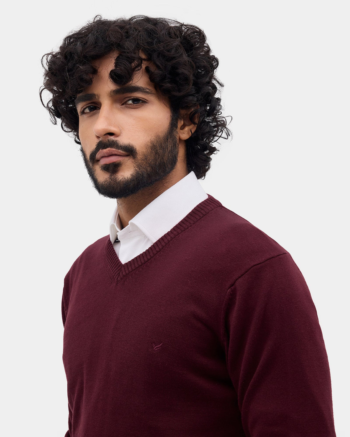 Wine Solid Sweater - Vneckter