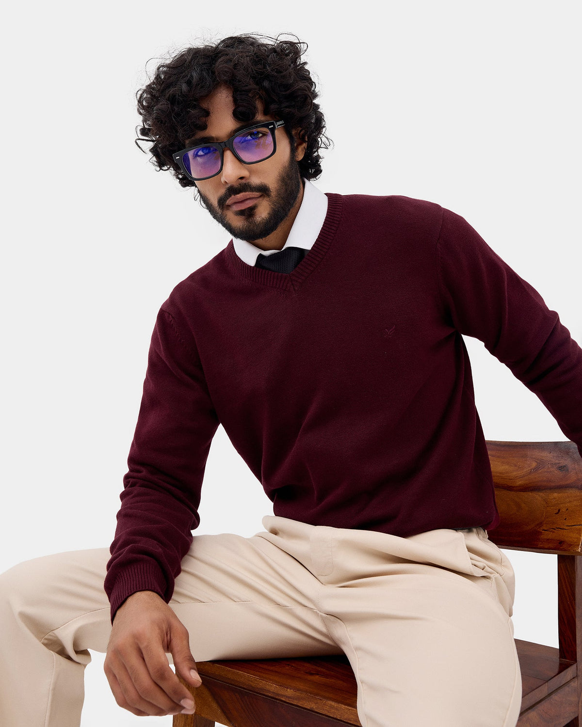 Wine Solid Sweater - Vneckter