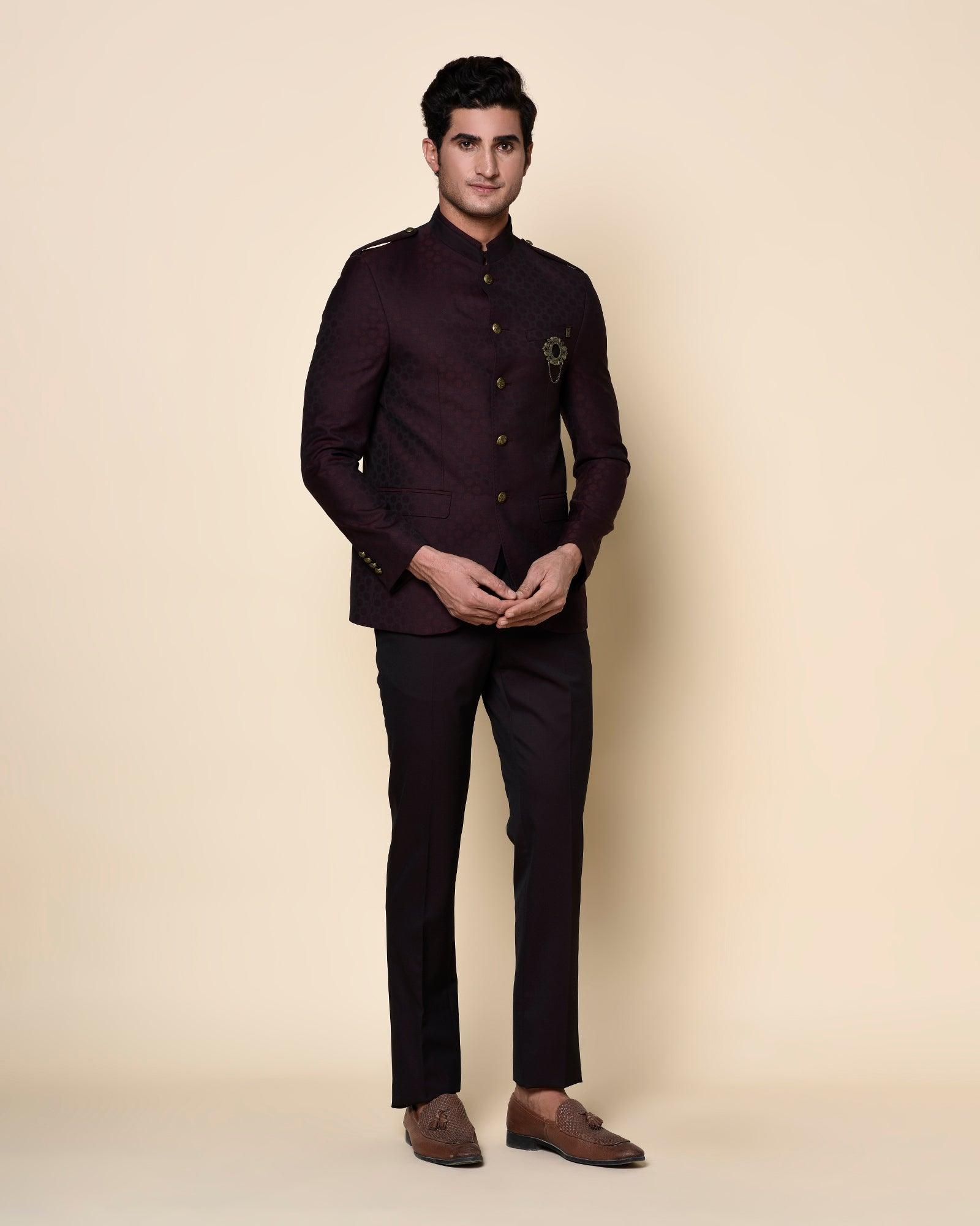 Swarn Two Piece Wine Solid Achkan Set - Pold - Blackberrys