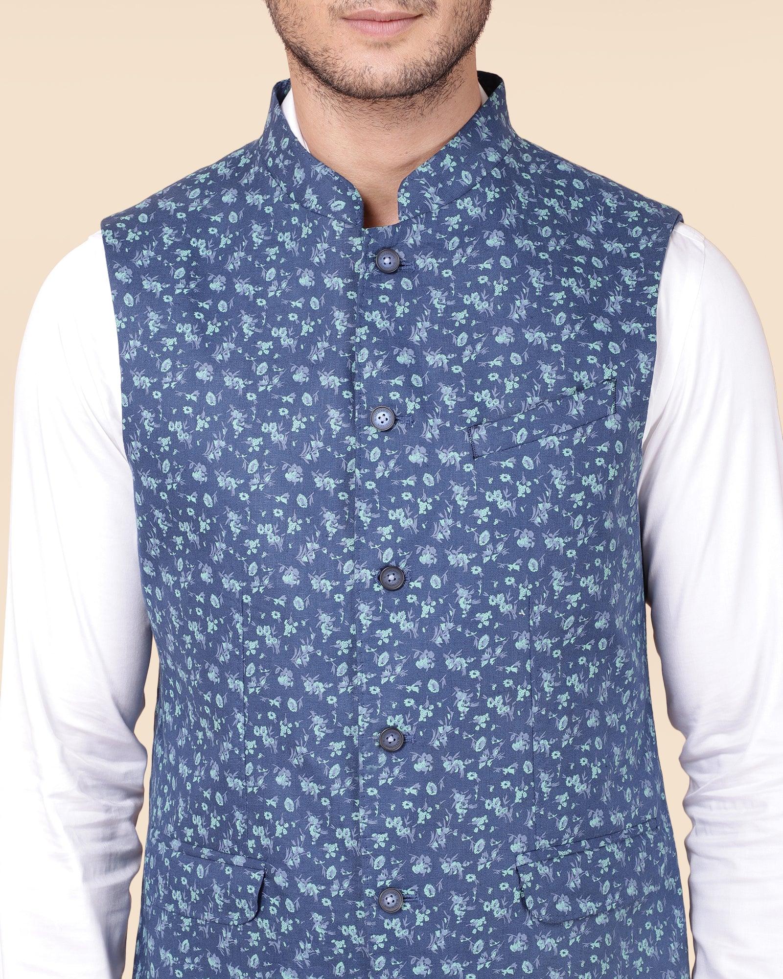 Linen Formal Navy Printed Waistcoat - Wayne - Blackberrys