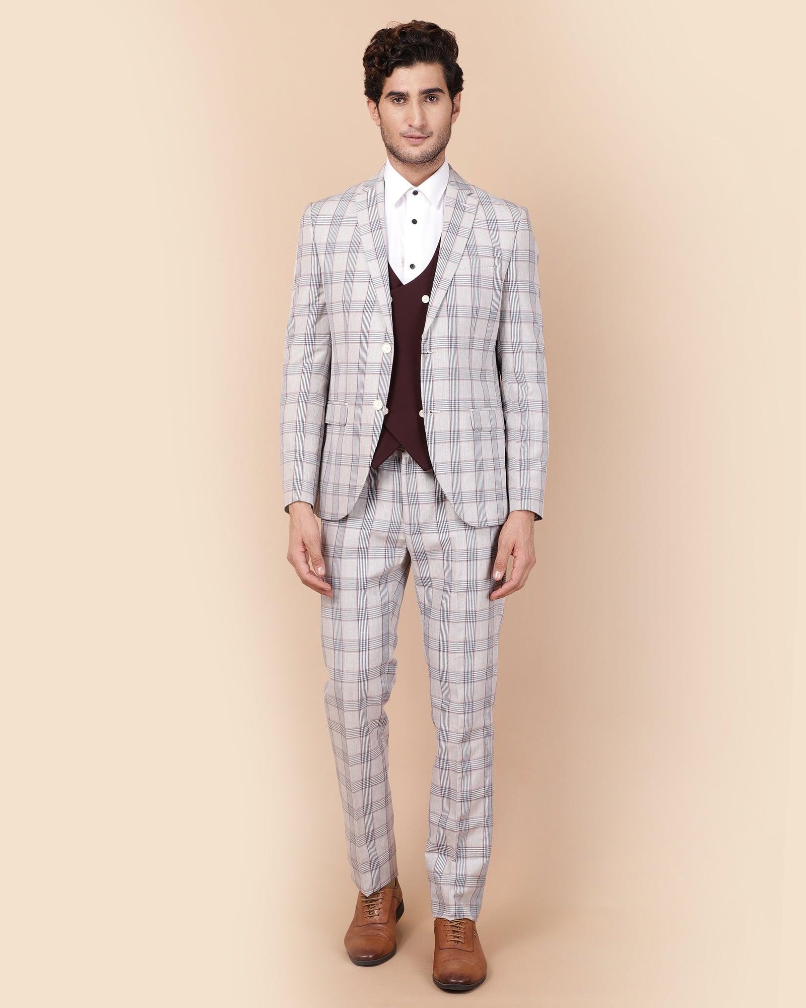 Linen Three Piece Light Grey Check Formal Suit - Meyer - Blackberrys