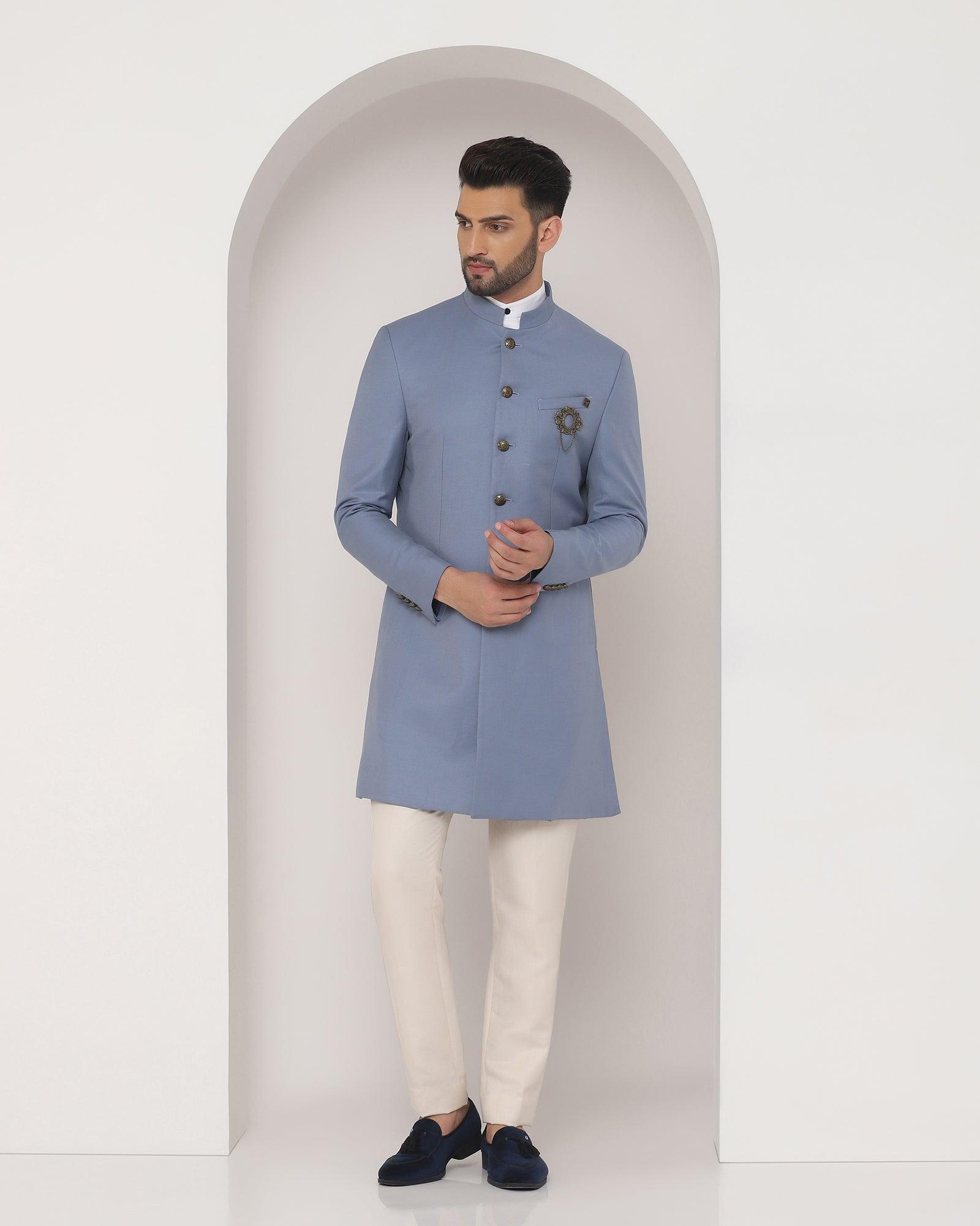Linen Swarn Two Piece Blue Solid Achkan Set - Bruse - Blackberrys