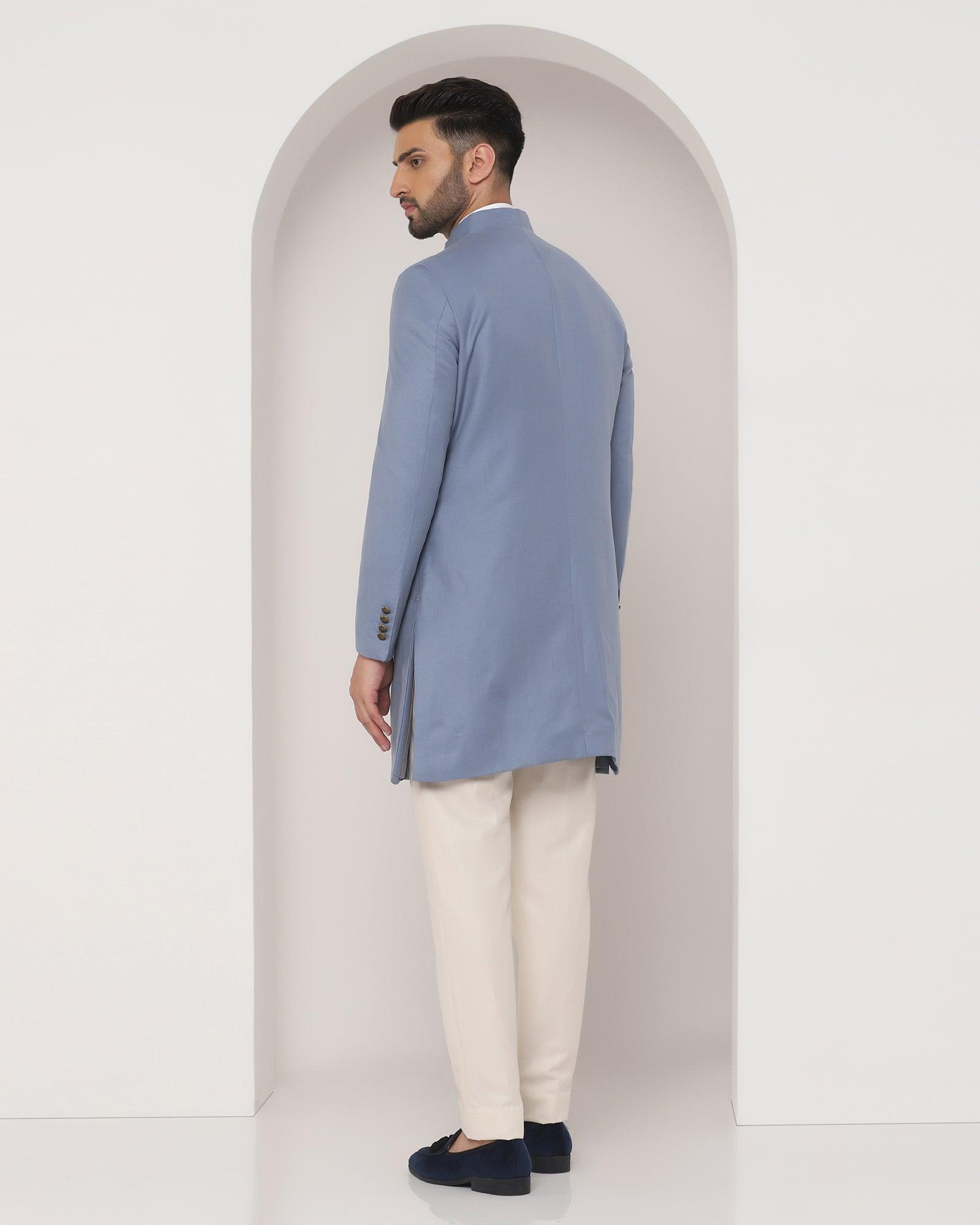 Linen Swarn Two Piece Blue Solid Achkan Set - Bruse - Blackberrys