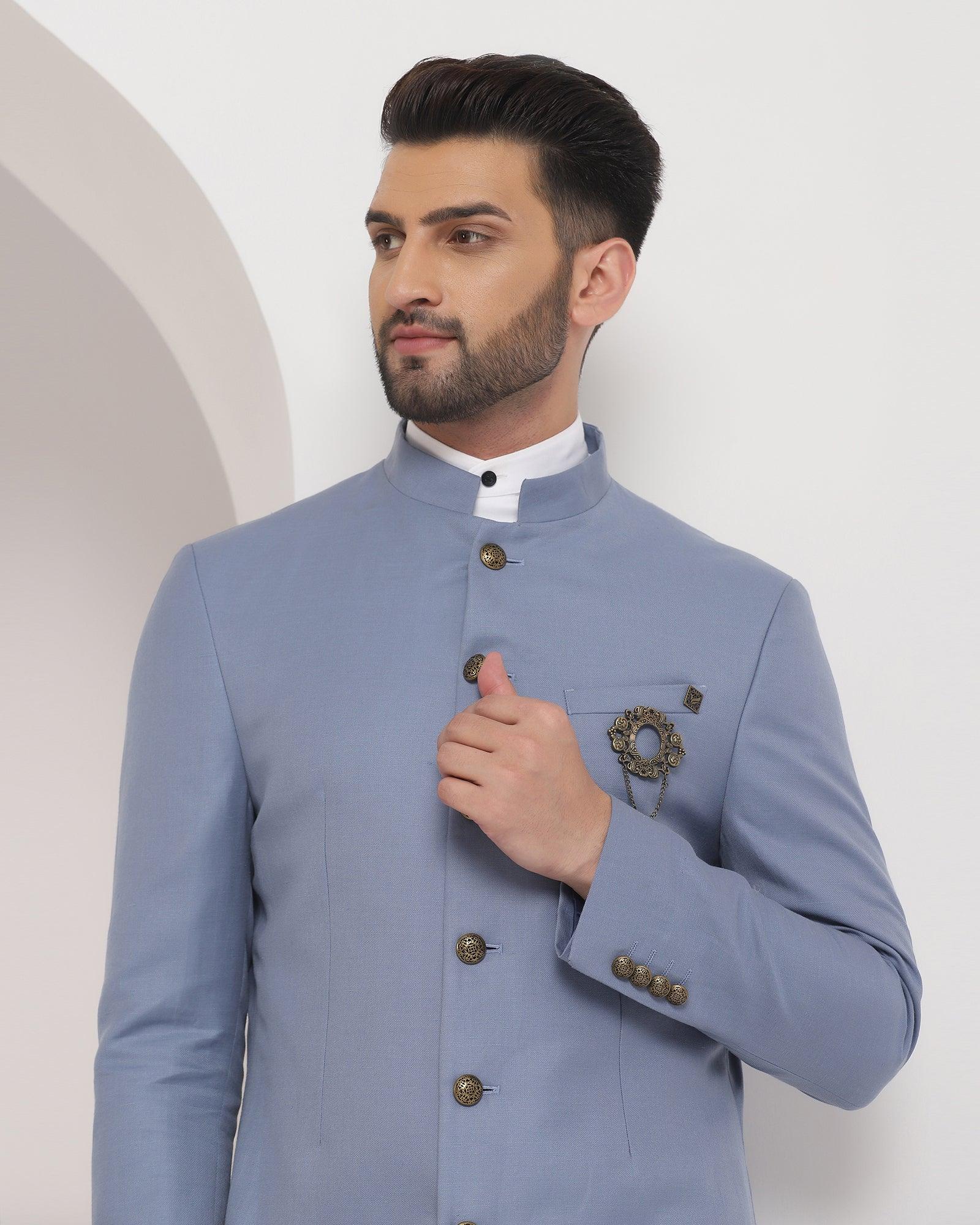 Linen Swarn Two Piece Blue Solid Achkan Set - Bruse - Blackberrys
