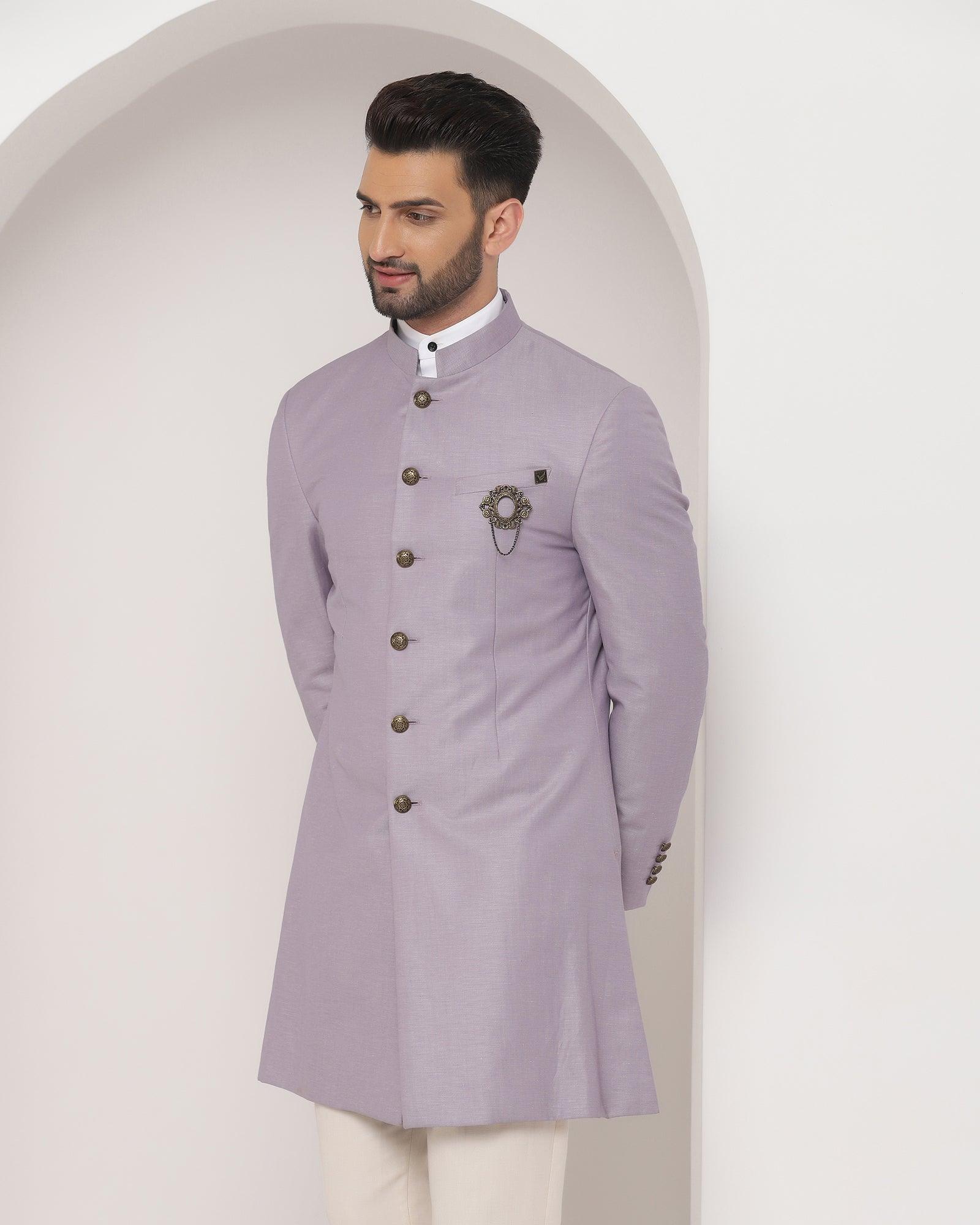 Linen Swarn Two Piece Violet Solid Achkan Set - Bruse - Blackberrys