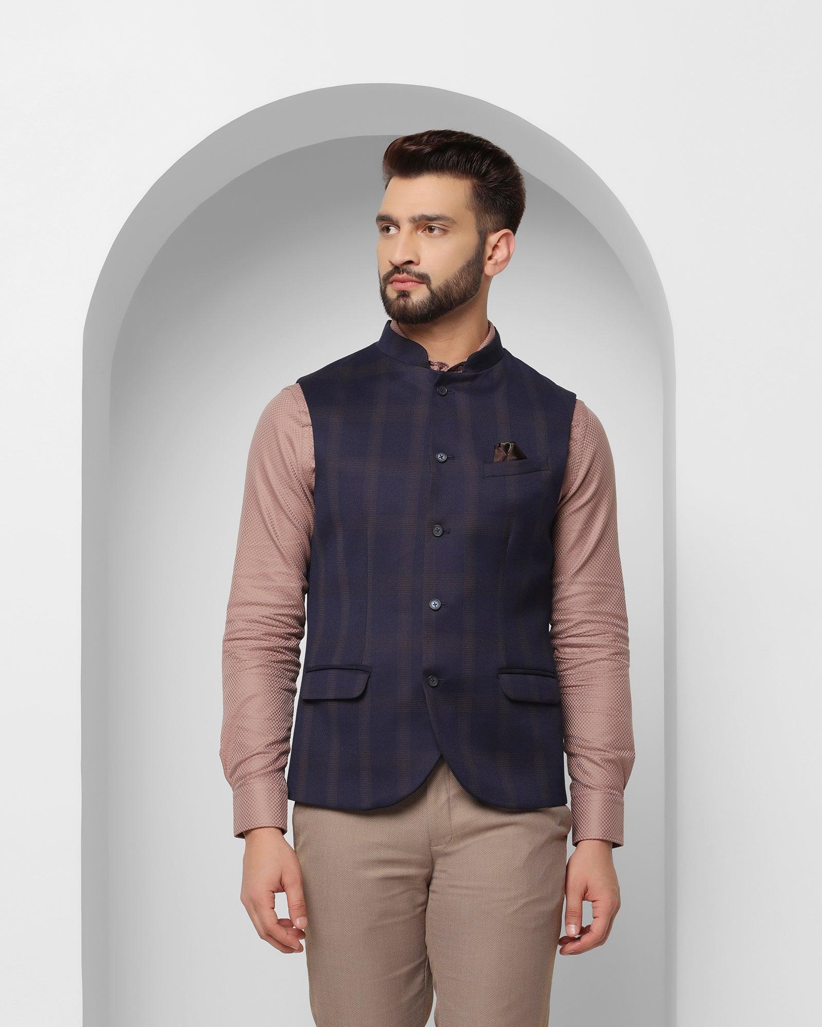 Check Formal Bandhgala Waist Coat In Dark Blue (Alfredo) - Blackberrys