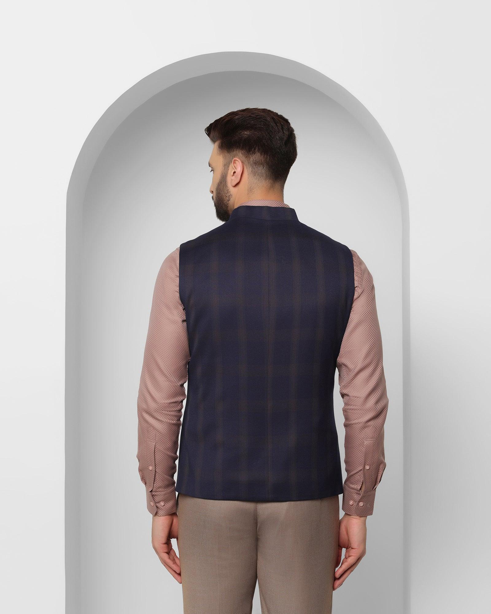 Check Formal Bandhgala Waist Coat In Dark Blue (Alfredo) - Blackberrys