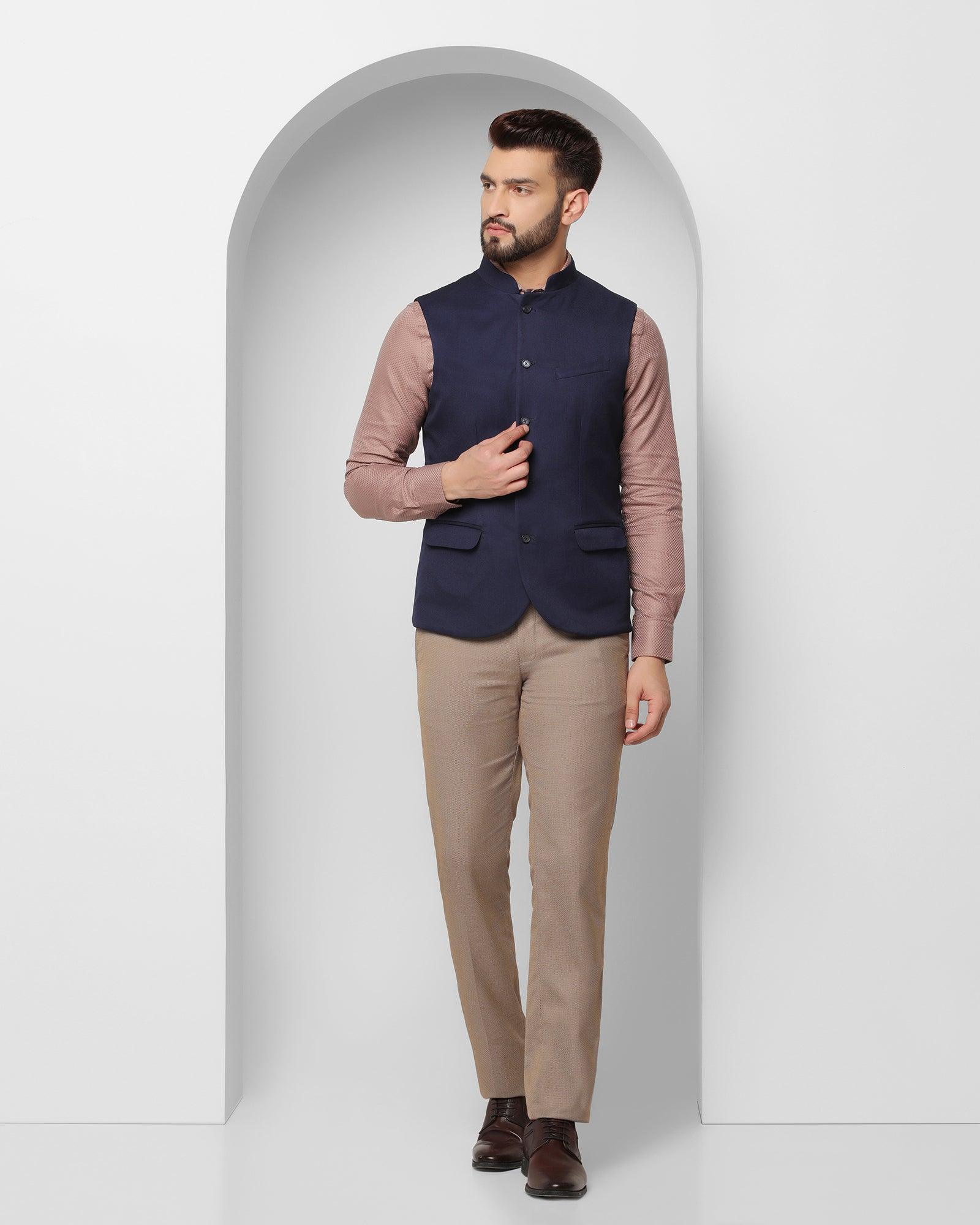 Check Formal Bandhgala Waist Coat In Dark Blue (Alfredo) - Blackberrys