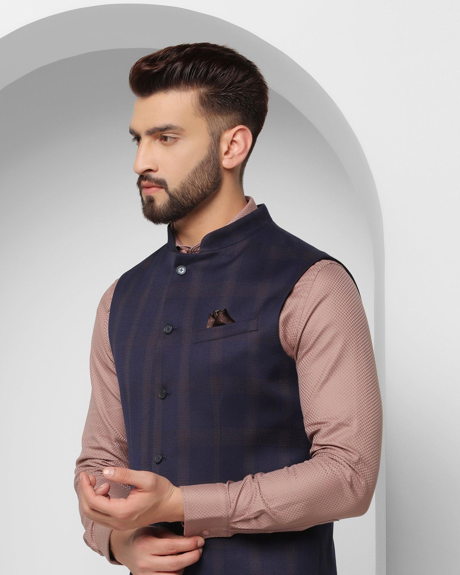 Check Formal Bandhgala Waist Coat In Dark Blue (Alfredo) - Blackberrys