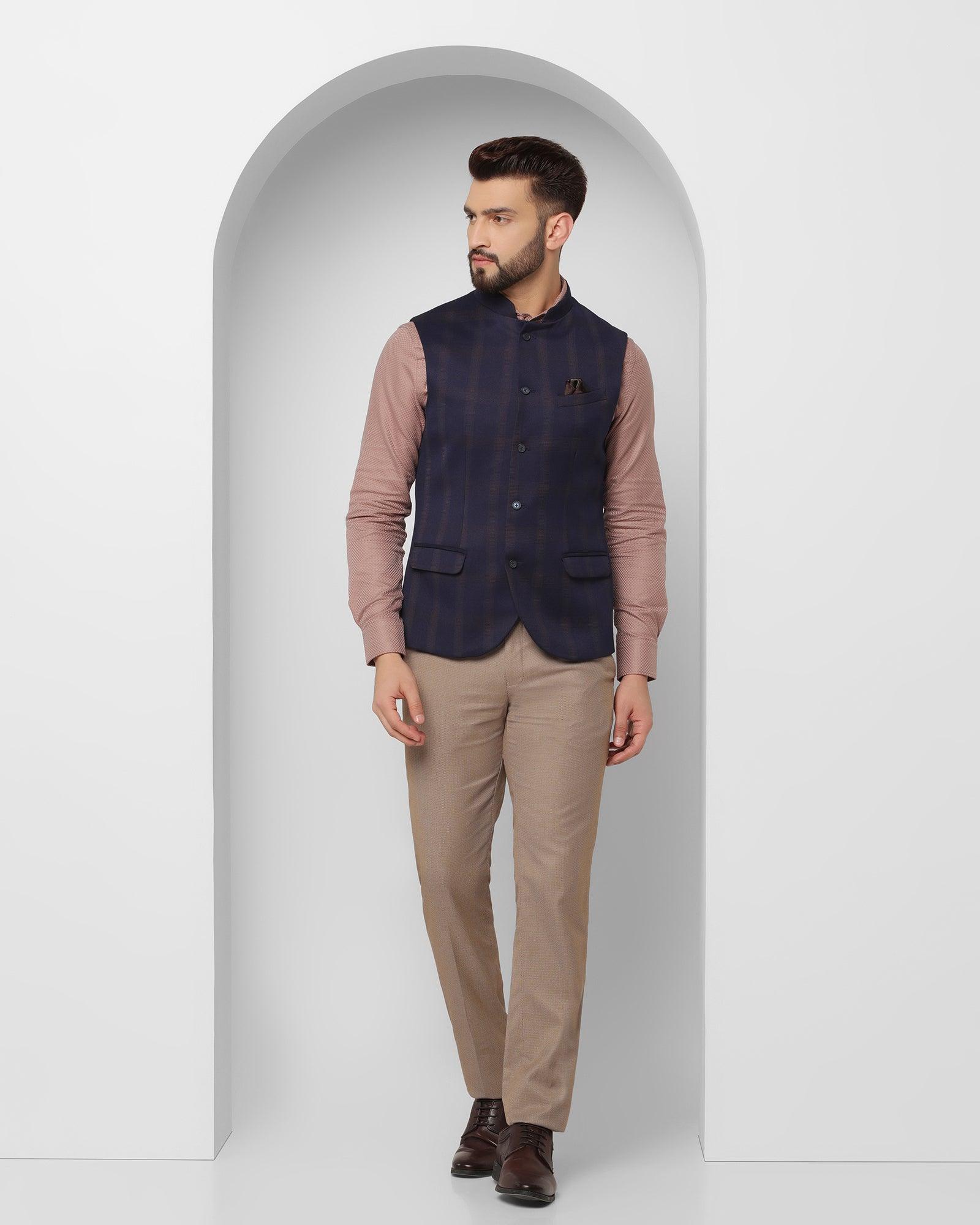 Check Formal Bandhgala Waist Coat In Dark Blue (Alfredo) - Blackberrys