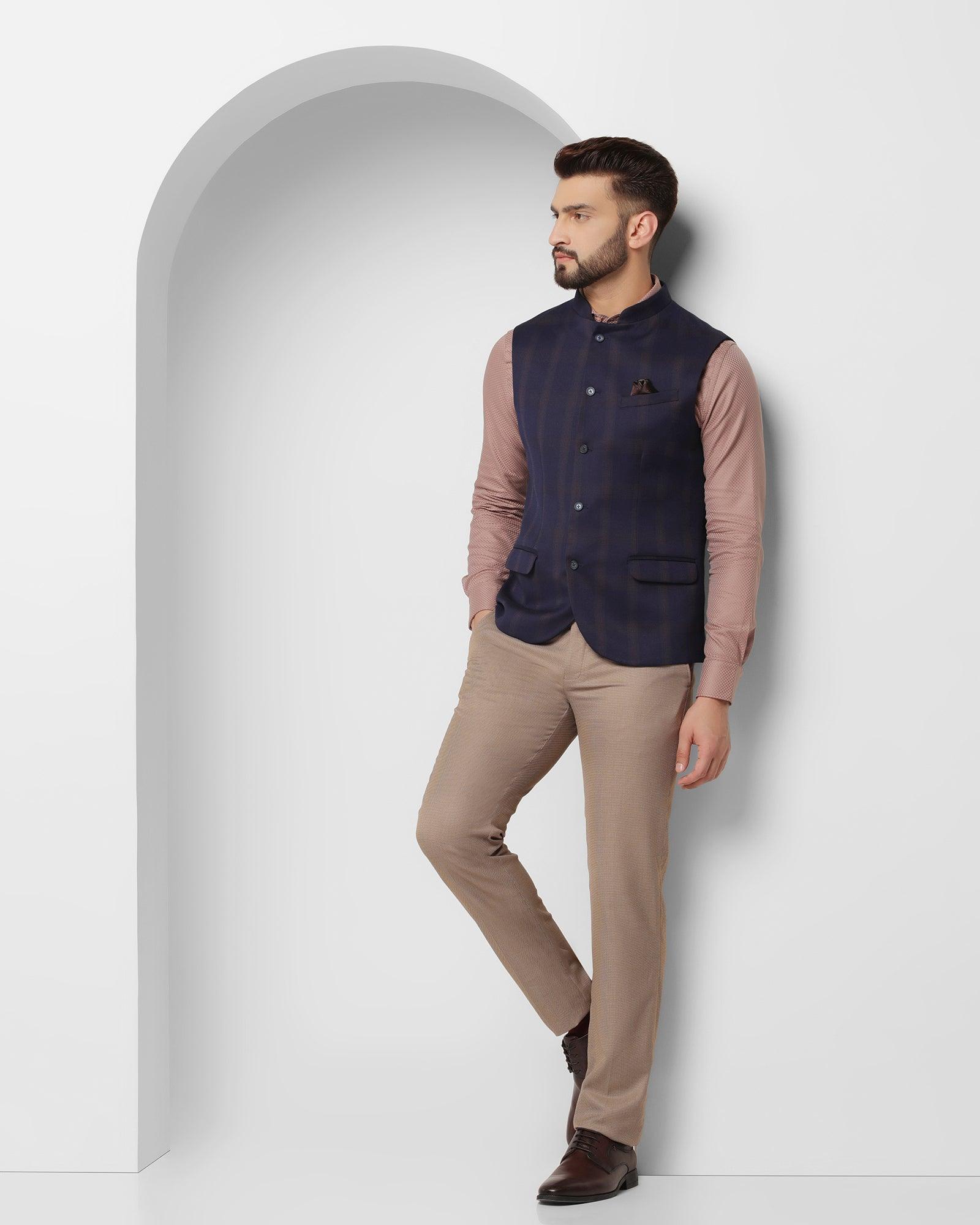 Check Formal Bandhgala Waist Coat In Dark Blue (Alfredo) - Blackberrys