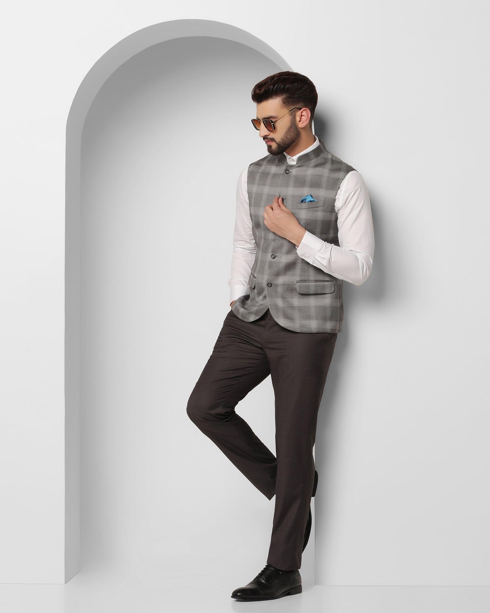 Check Reversible Bandhgala Waist Coat In Grey (Alfredo) - Blackberrys