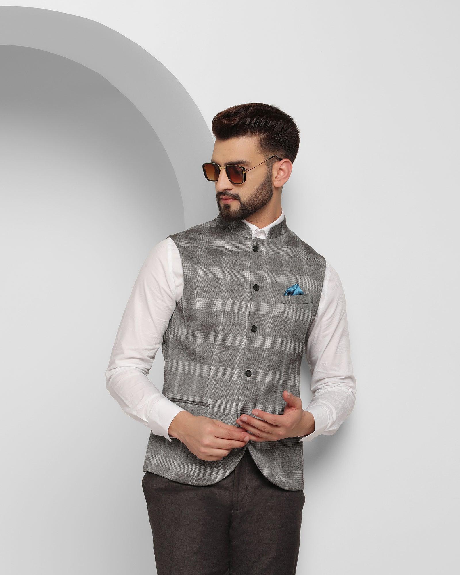 Check Reversible Bandhgala Waist Coat In Grey (Alfredo) - Blackberrys