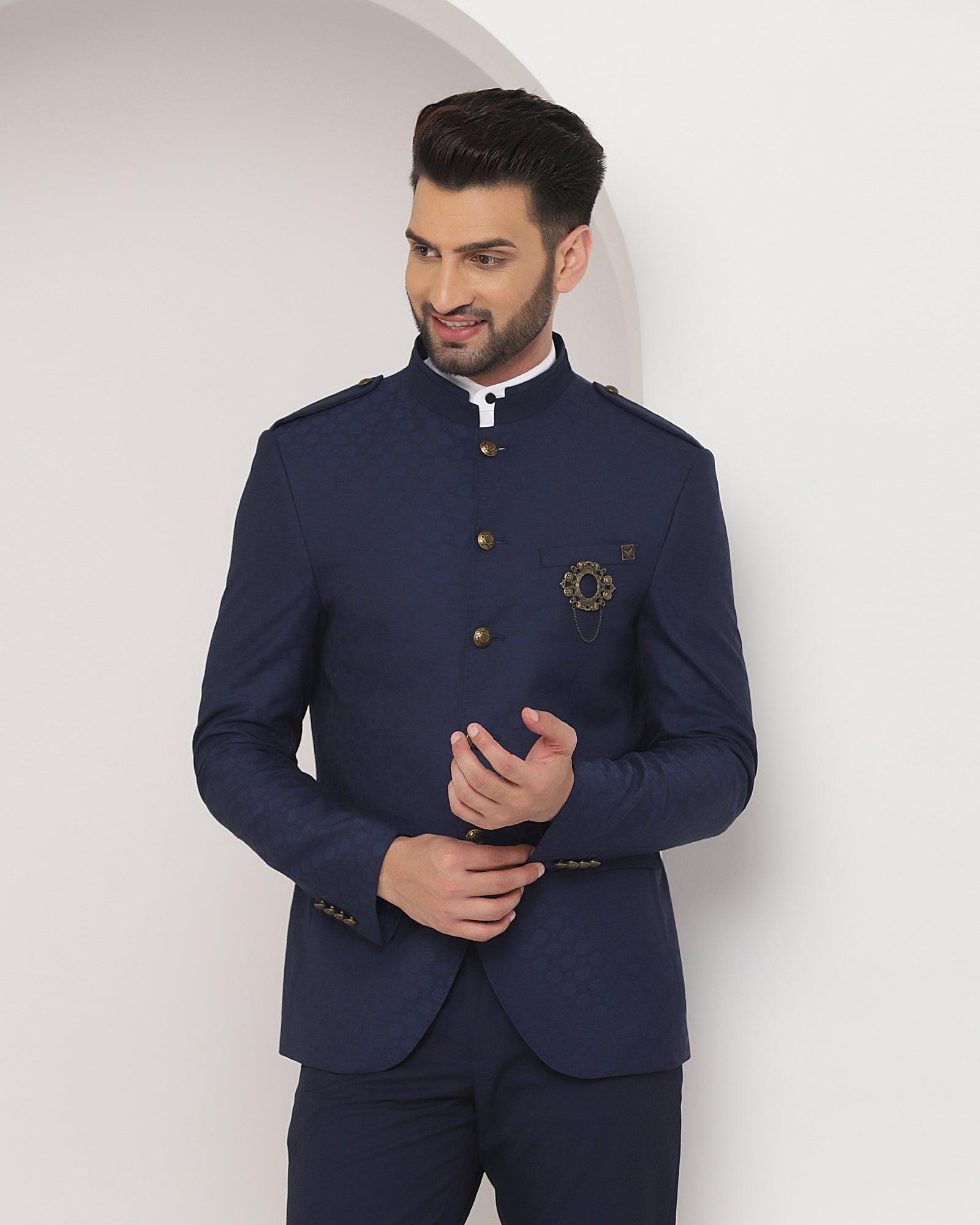 Swarn Two Piece Navy Solid Achkan Set - Pold - Blackberrys