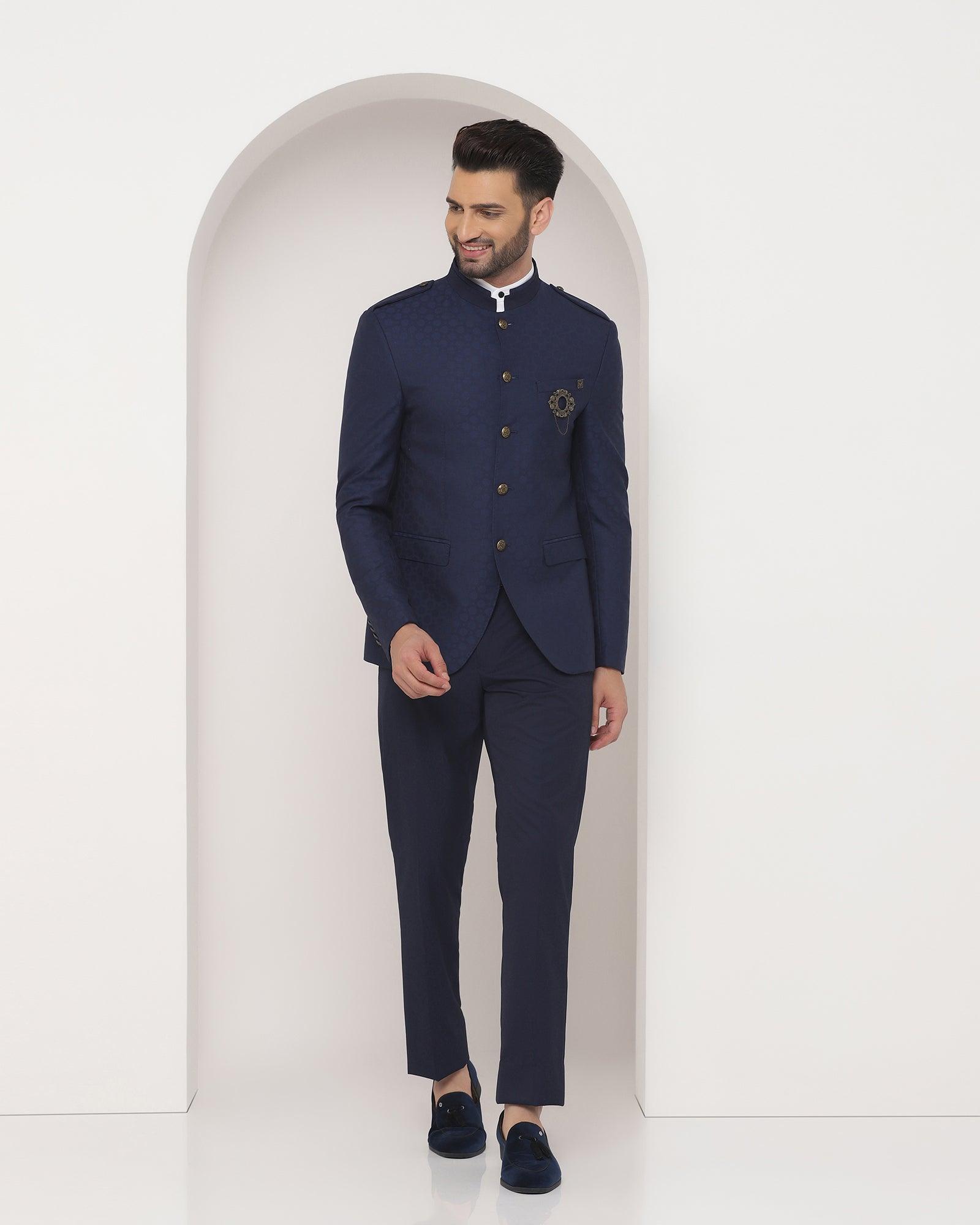 Swarn Two Piece Navy Solid Achkan Set - Pold - Blackberrys