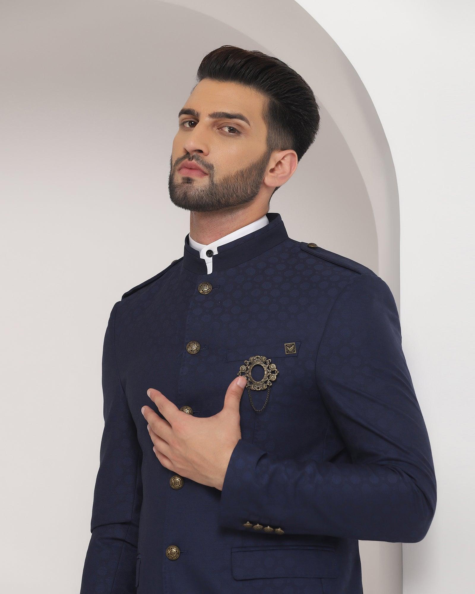 Swarn Two Piece Navy Solid Achkan Set - Pold - Blackberrys