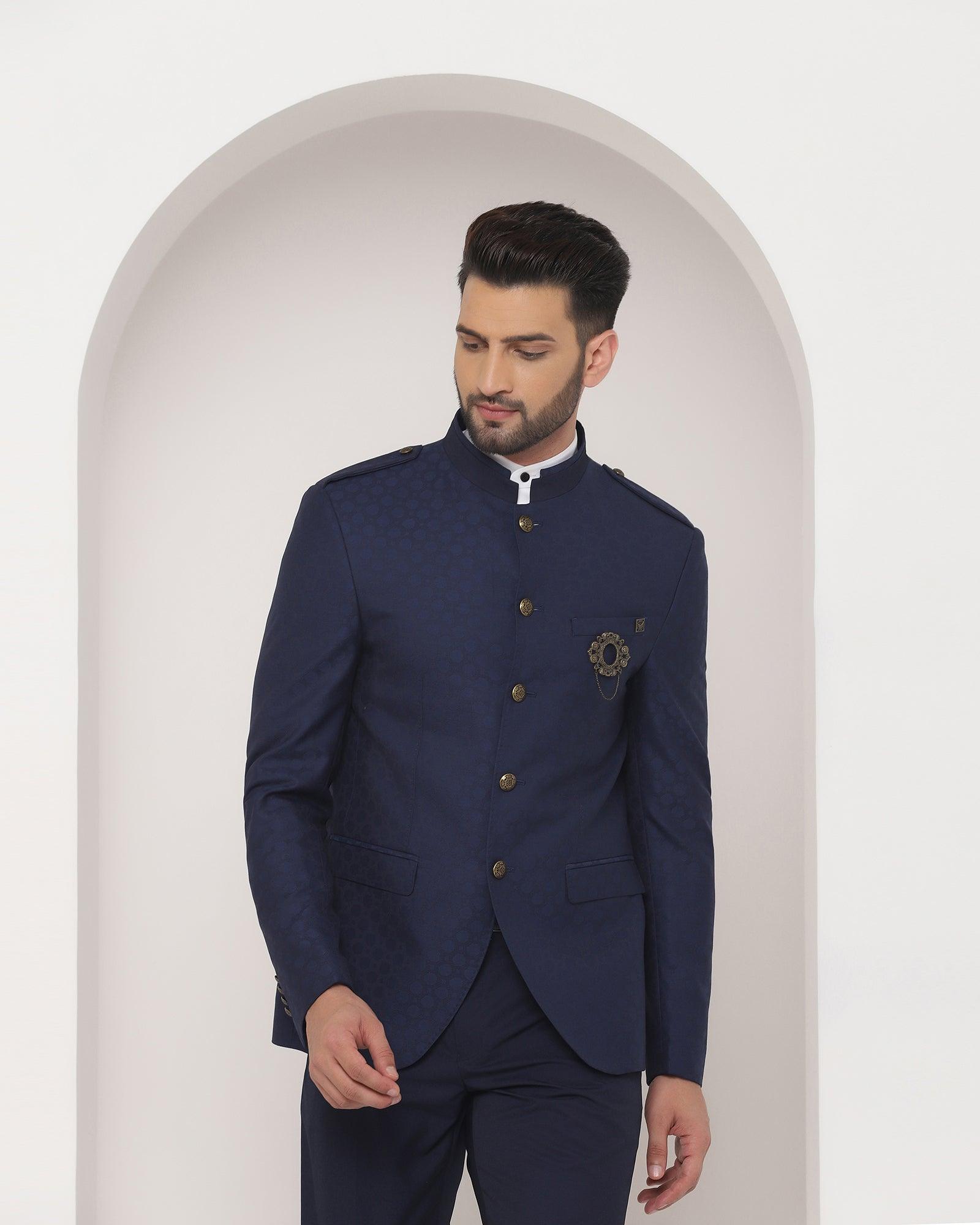 Swarn Two Piece Navy Solid Achkan Set - Pold - Blackberrys