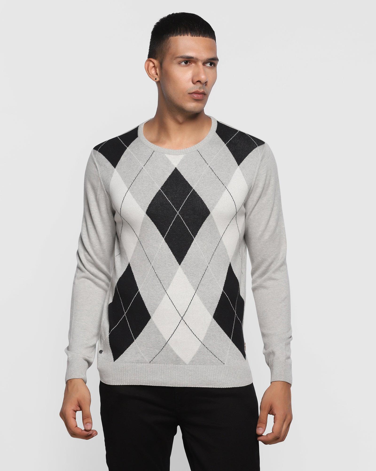 Crew Neck Grey Melange Printed Sweater - Gail