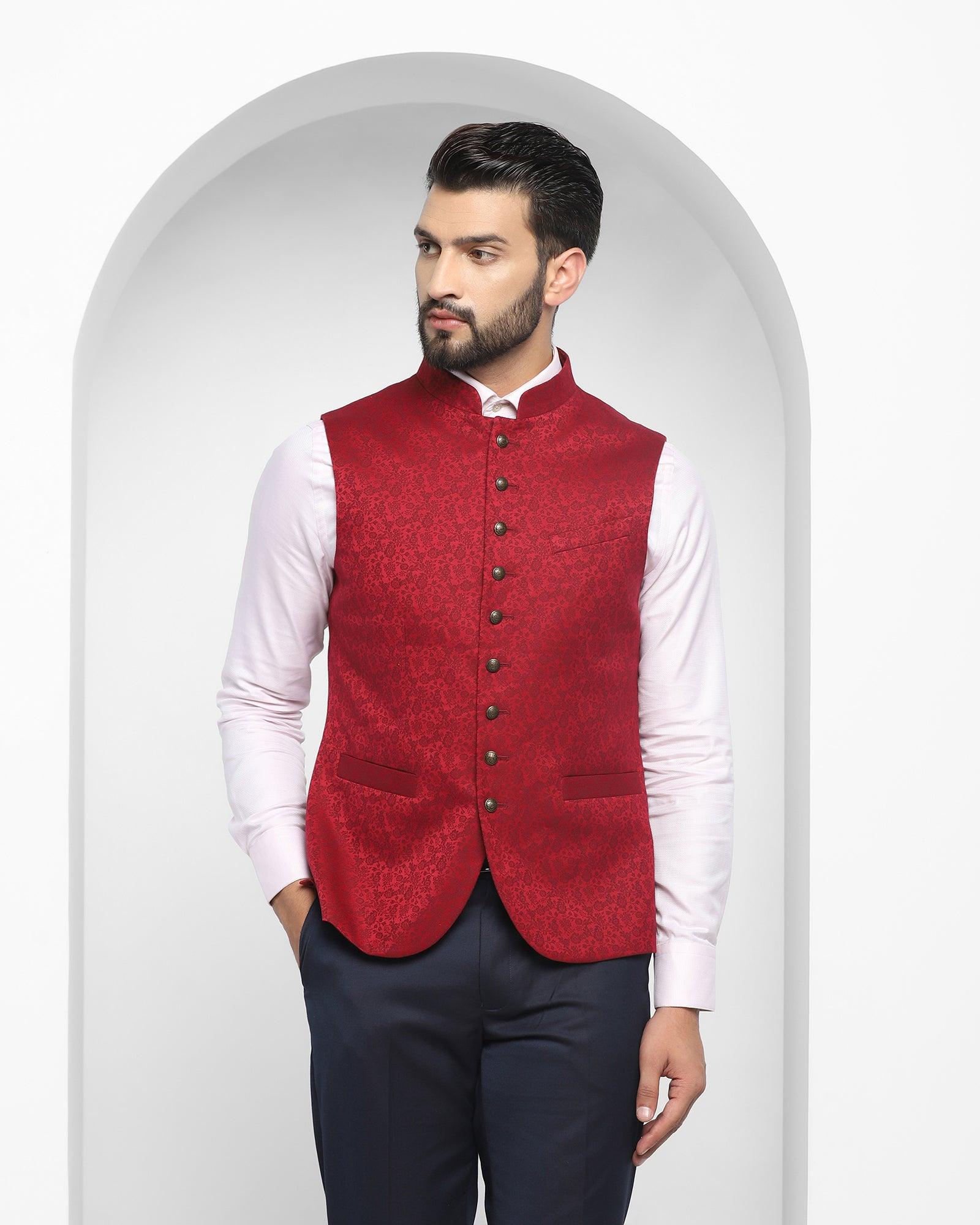 Printed Formal Bandhgala Waist Coat In Wine (Jacqlin) - Blackberrys