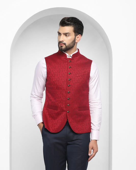 Bandhgala Formal Wine Jacquard Waistcoat - Jacqlin