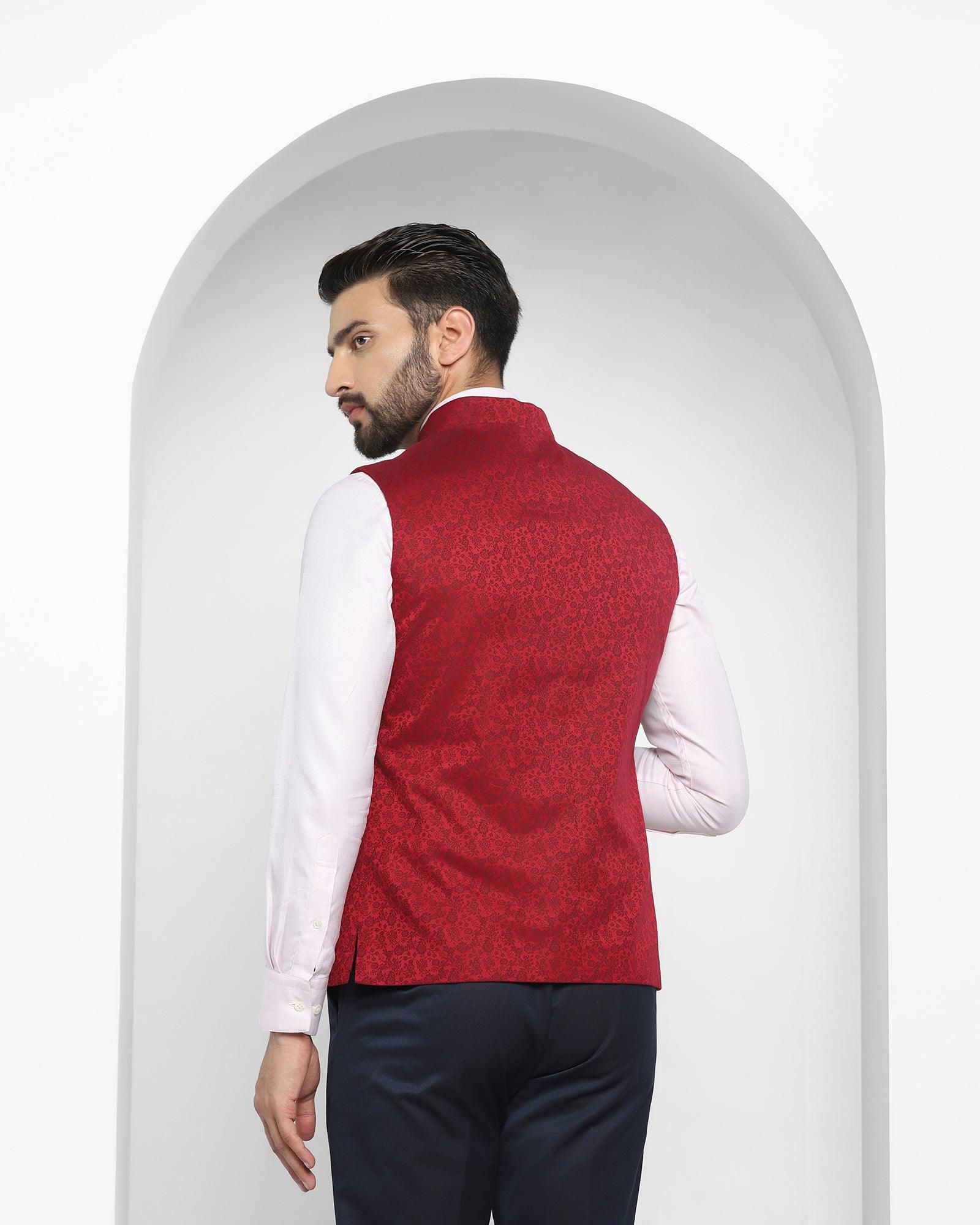 Printed Formal Bandhgala Waist Coat In Wine (Jacqlin) - Blackberrys