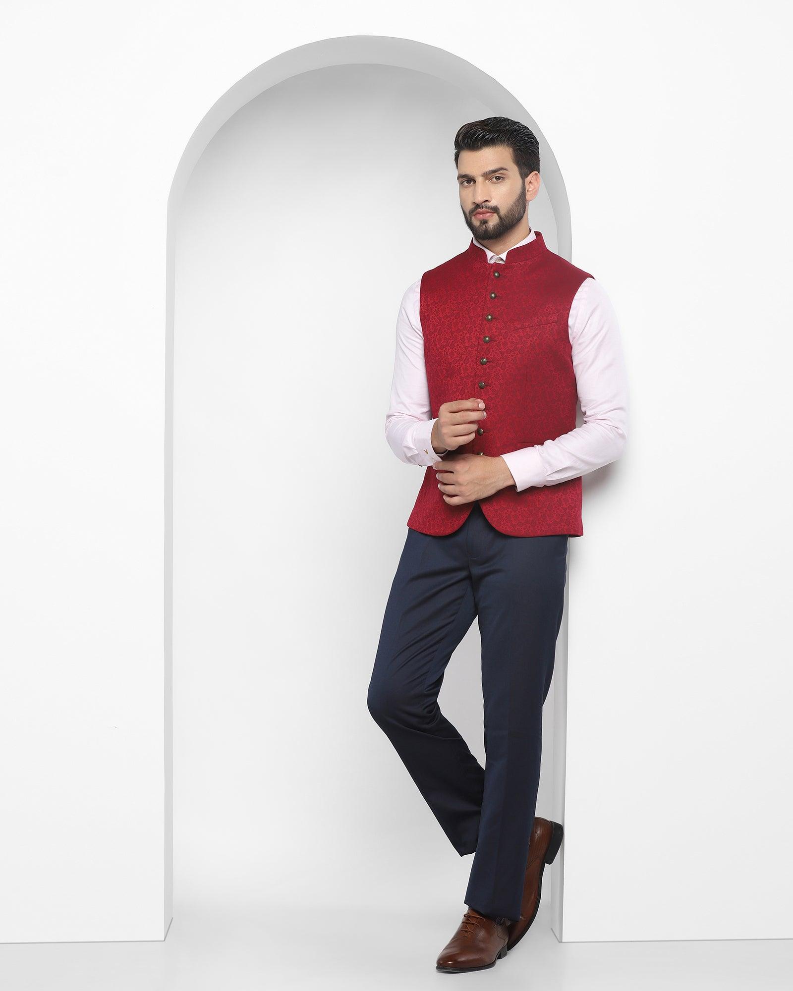 Printed Formal Bandhgala Waist Coat In Wine (Jacqlin) - Blackberrys