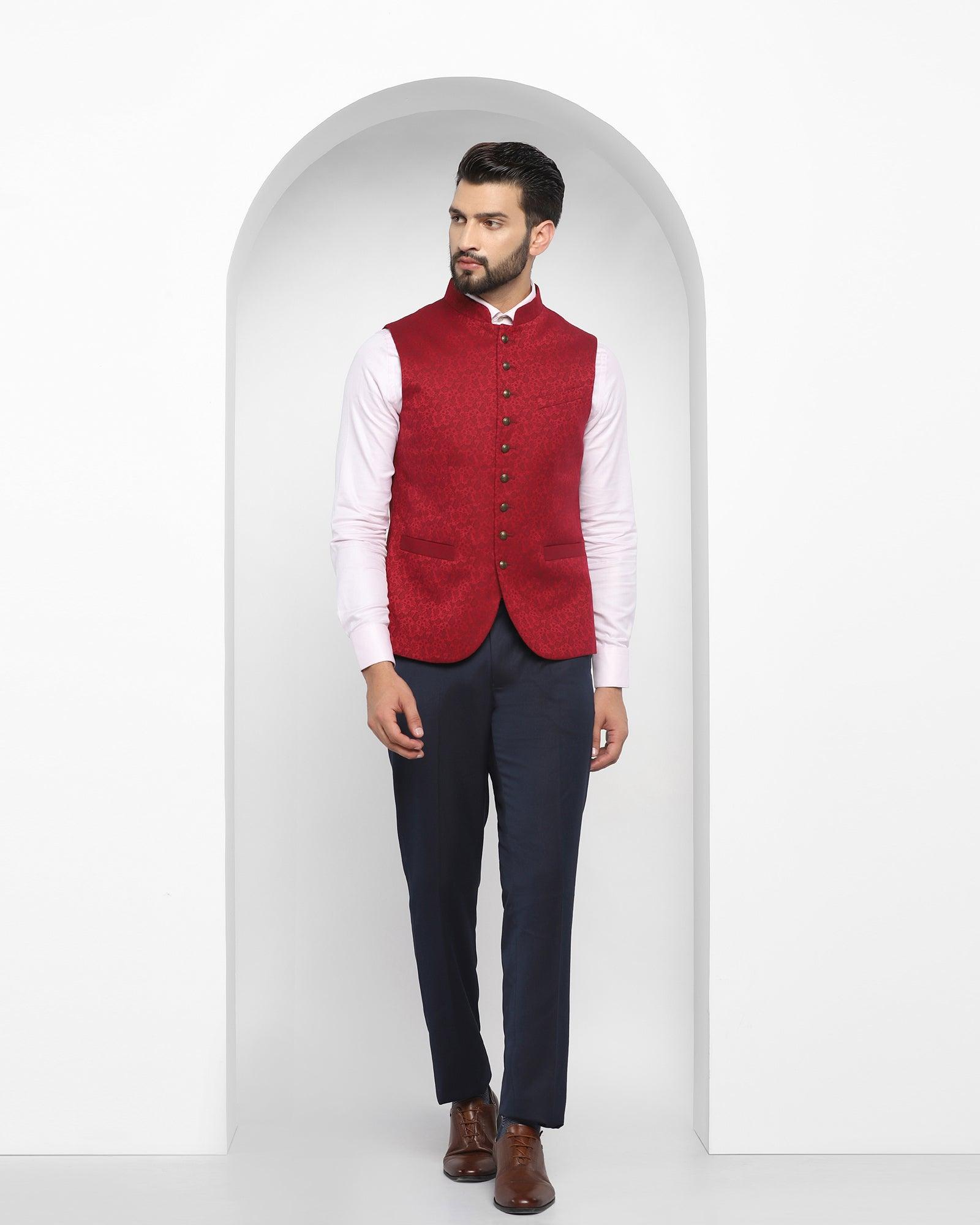 Printed Formal Bandhgala Waist Coat In Wine (Jacqlin) - Blackberrys