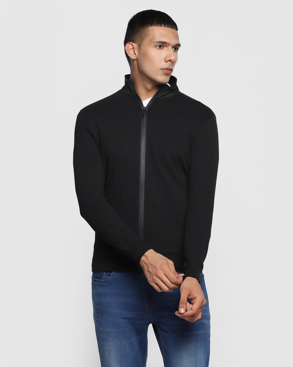 Stylized Collar Black Solid Sweatshirt - Drip