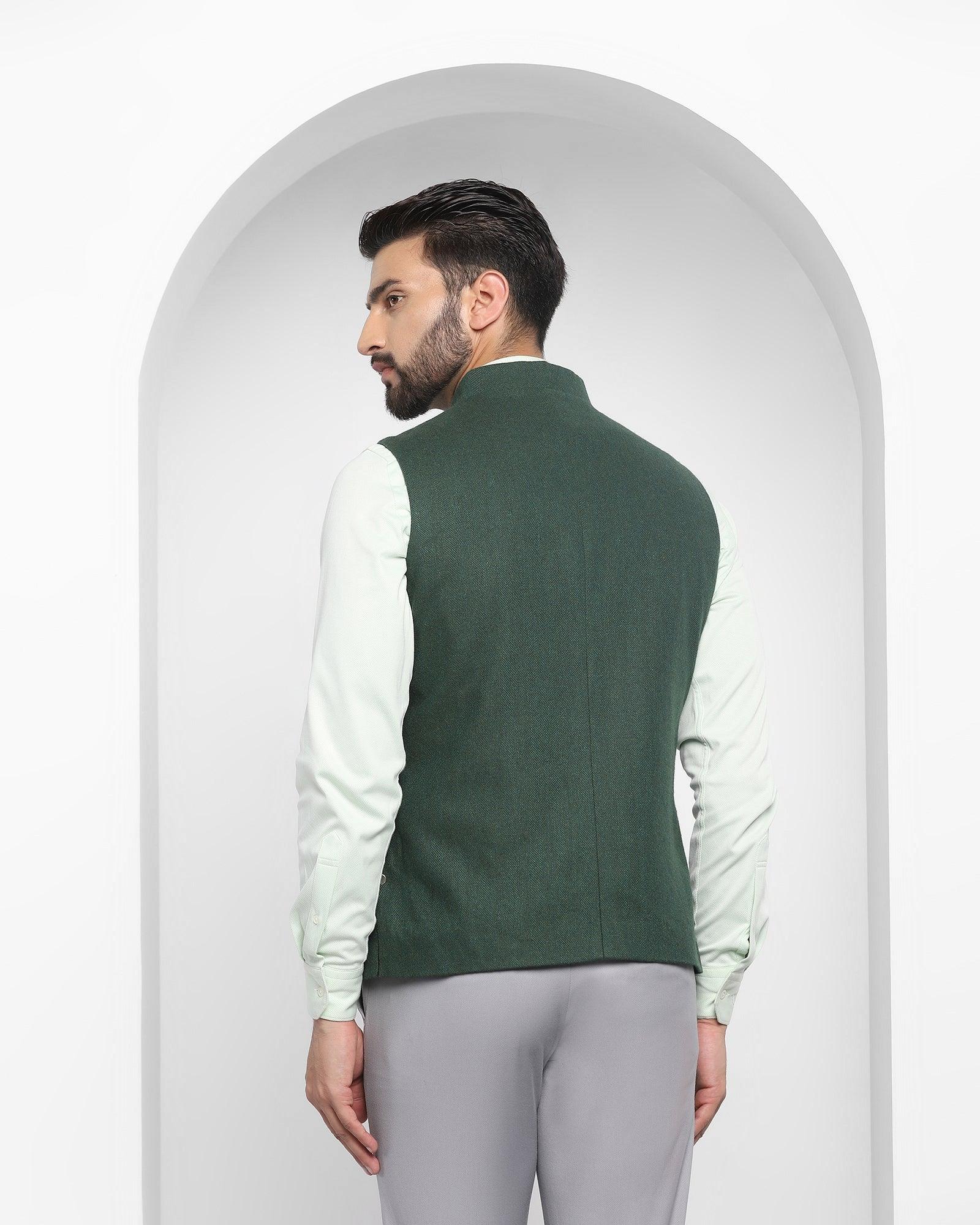 Textured Casual Bandhgala Waist Coat In Dark Green (Hades) - Blackberrys