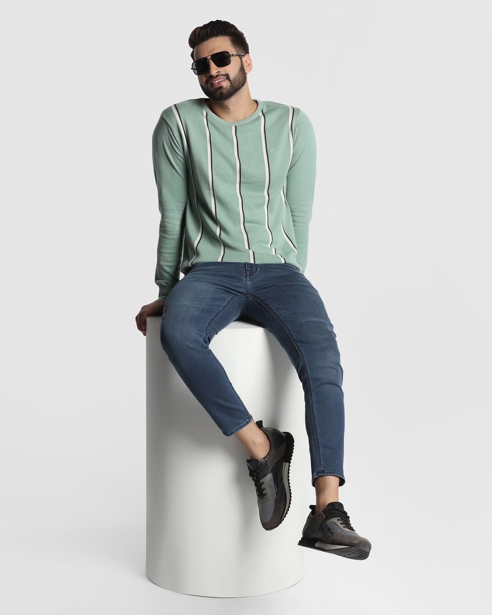 Stripe Crew Neck Sweater In Dusty Green (Vero) - Blackberrys