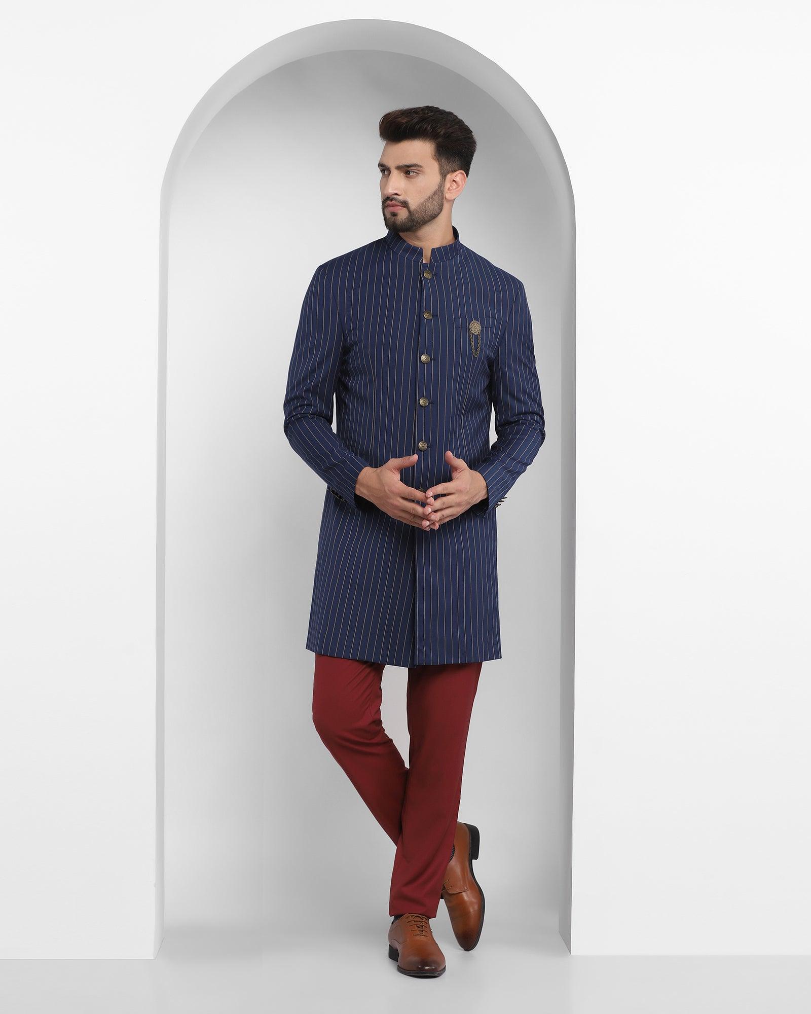 Stripe Ethnic 2 Pcs Suit In Navy (Emeral) - Blackberrys