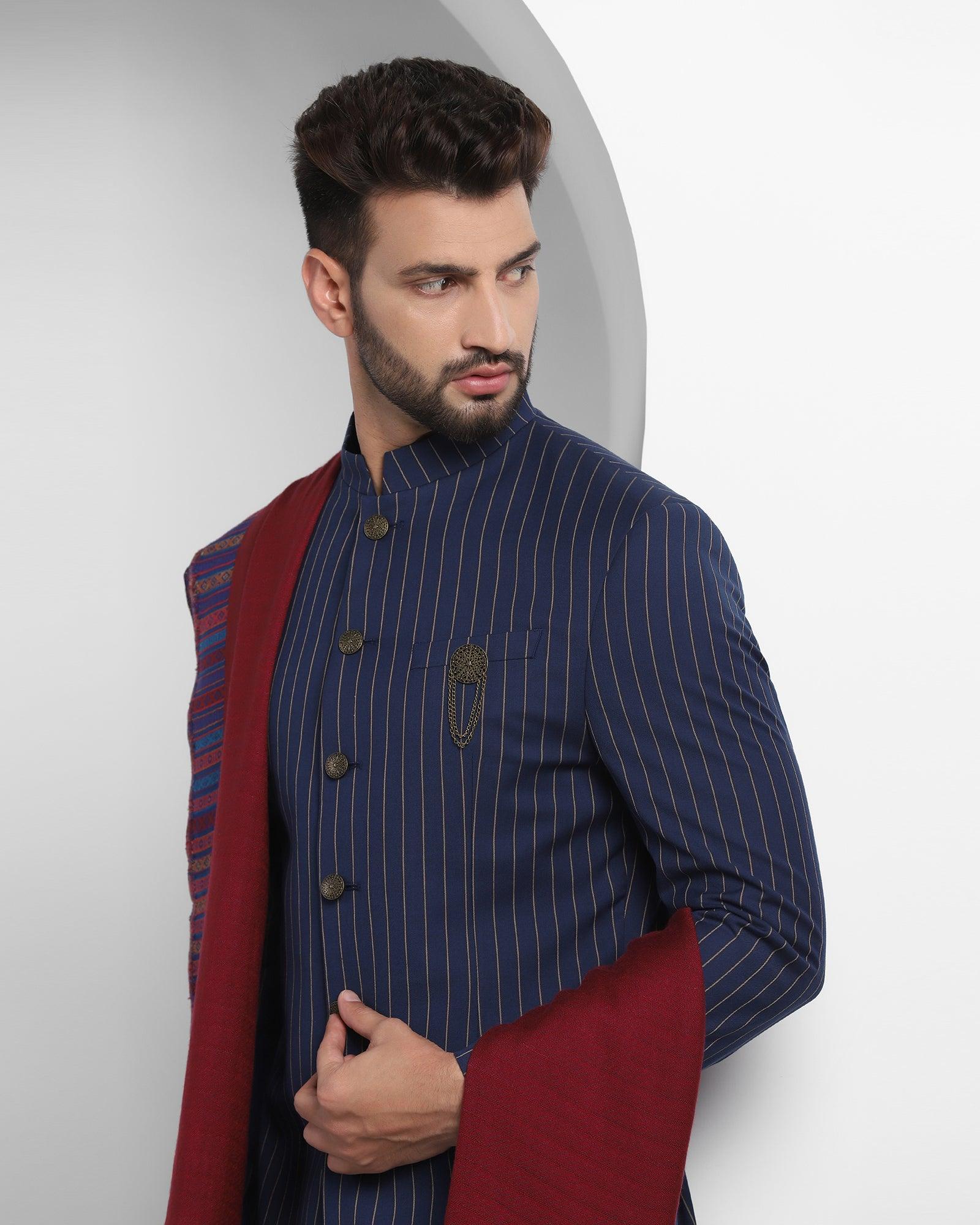 Stripe Ethnic 2 Pcs Suit In Navy (Emeral) - Blackberrys
