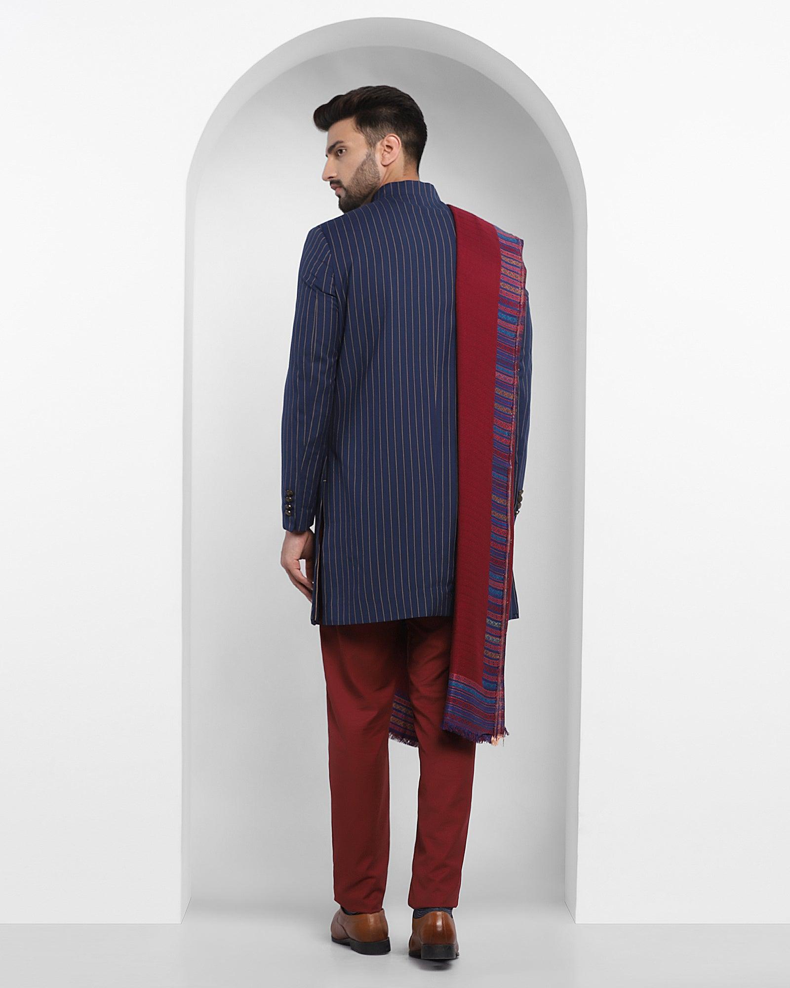 Stripe Ethnic 2 Pcs Suit In Navy (Emeral) - Blackberrys