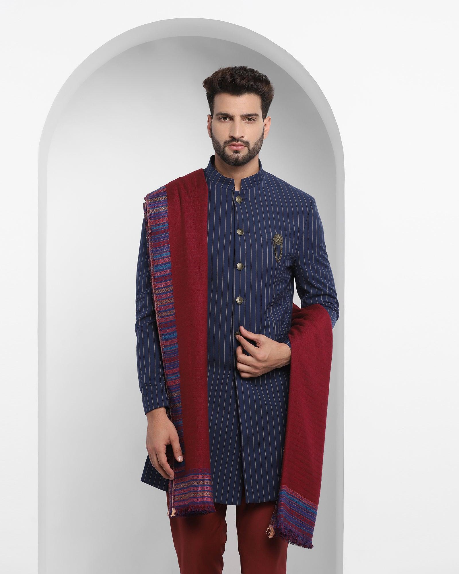 Stripe Ethnic 2 Pcs Suit In Navy (Emeral) - Blackberrys