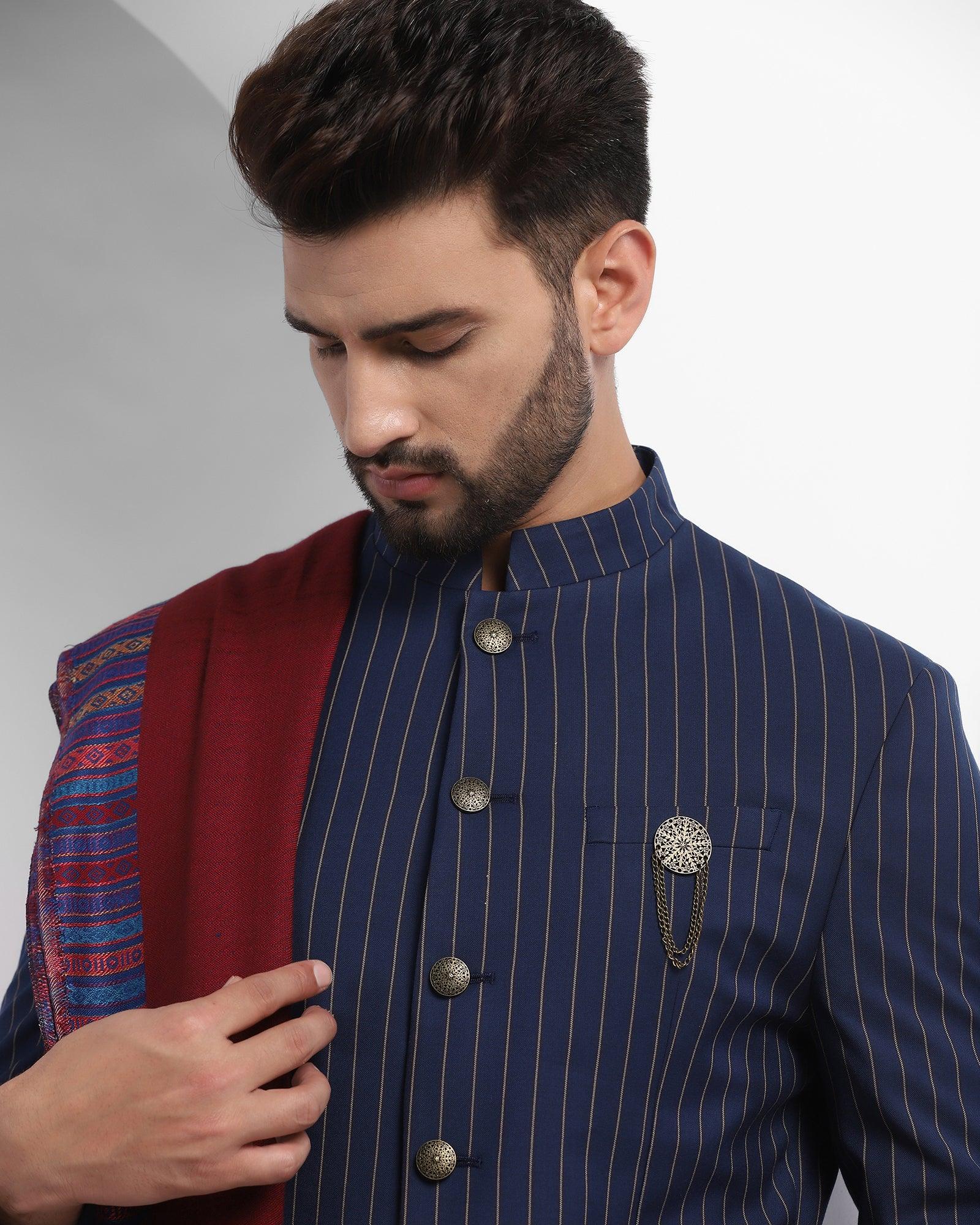 Stripe Ethnic 2 Pcs Suit In Navy (Emeral) - Blackberrys