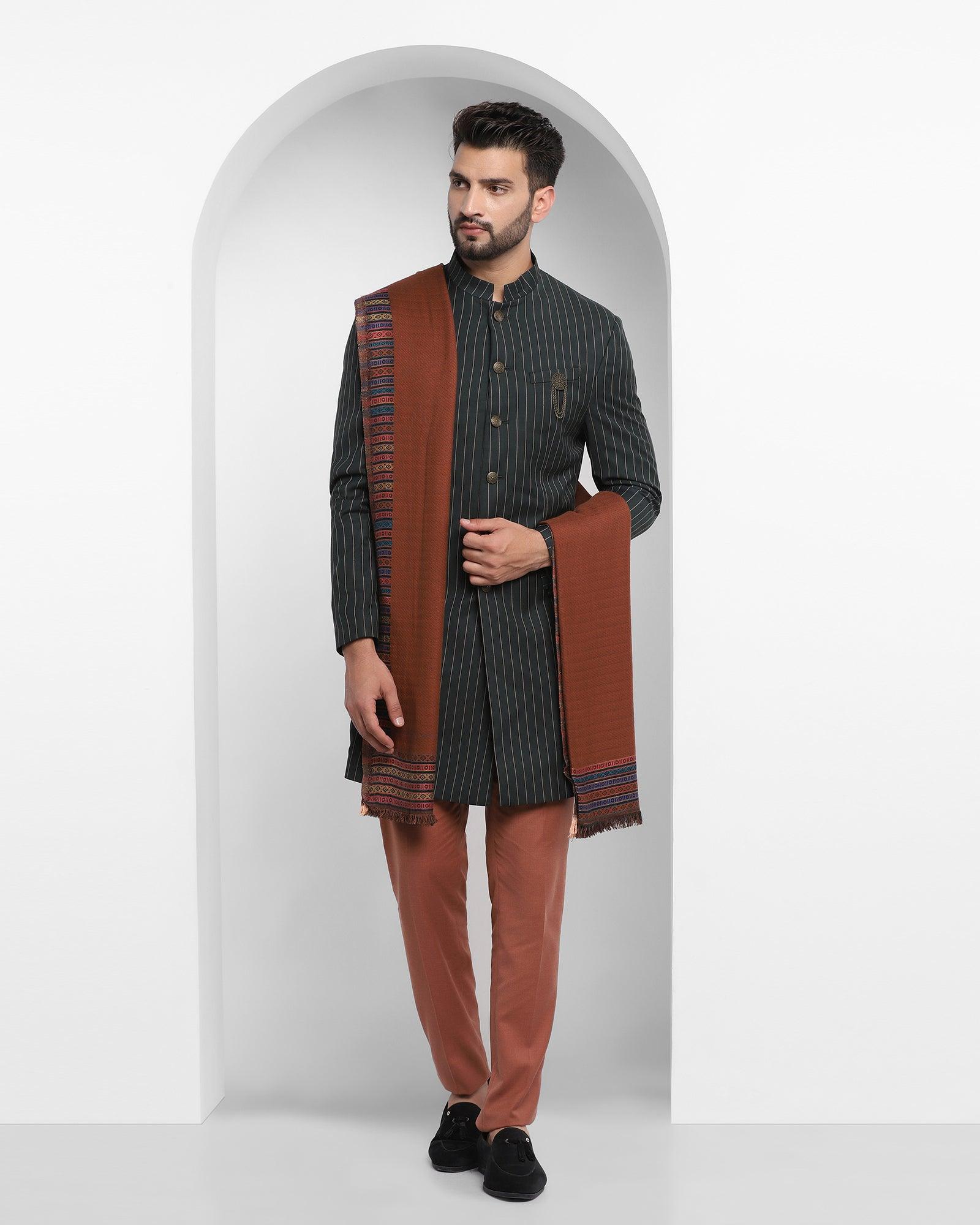 Stripe Ethnic 2 Pcs Suit In Olive (Emeral) - Blackberrys