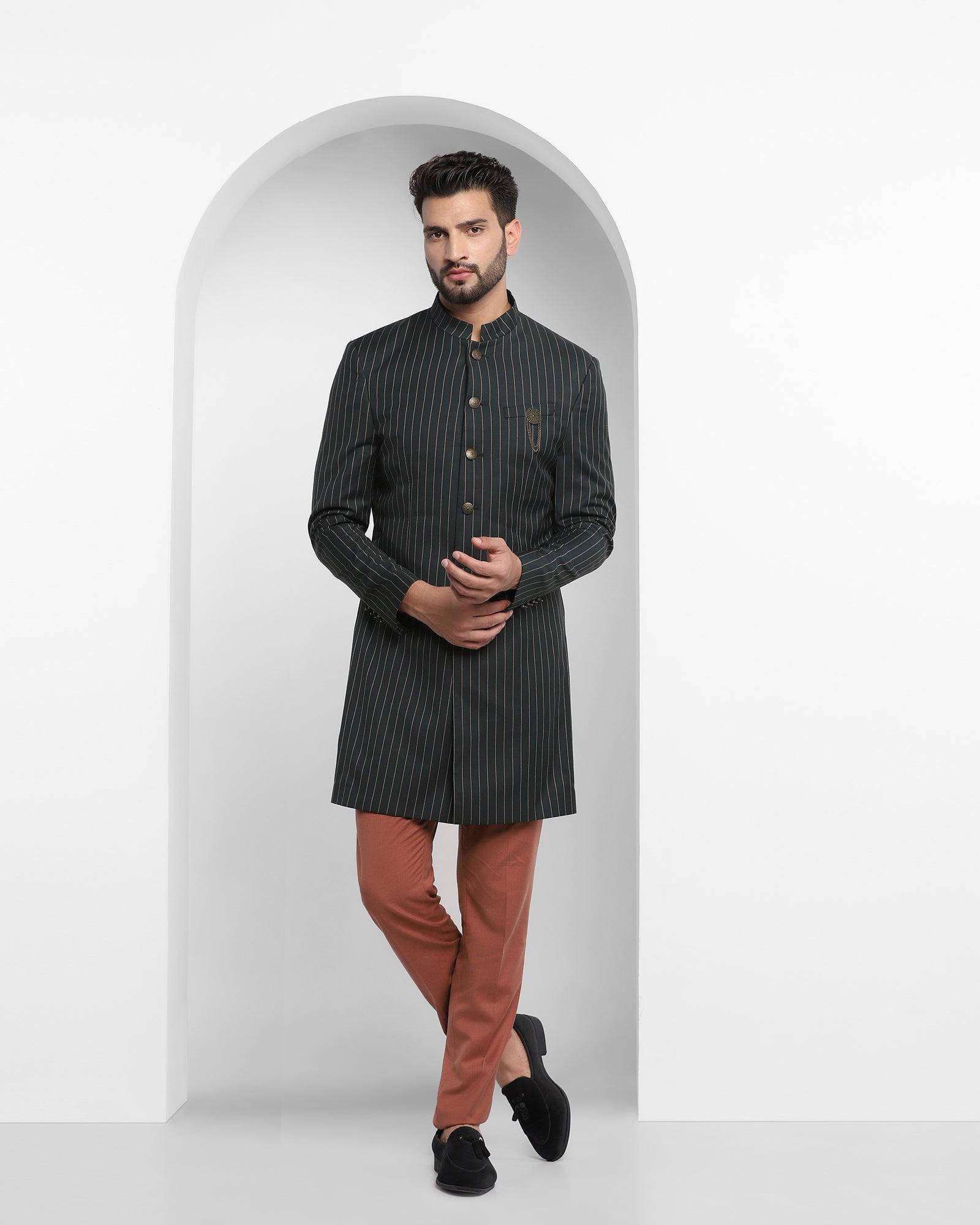 Stripe Ethnic 2 Pcs Suit In Olive (Emeral) - Blackberrys