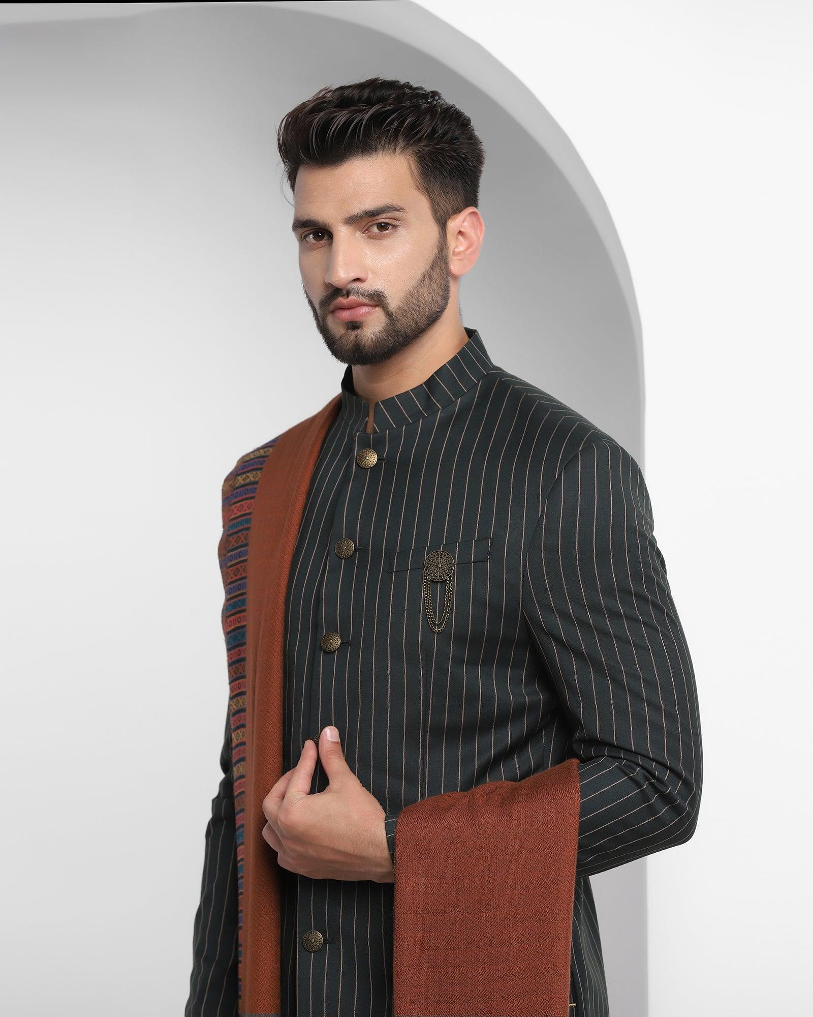 Stripe Ethnic 2 Pcs Suit In Olive (Emeral) - Blackberrys