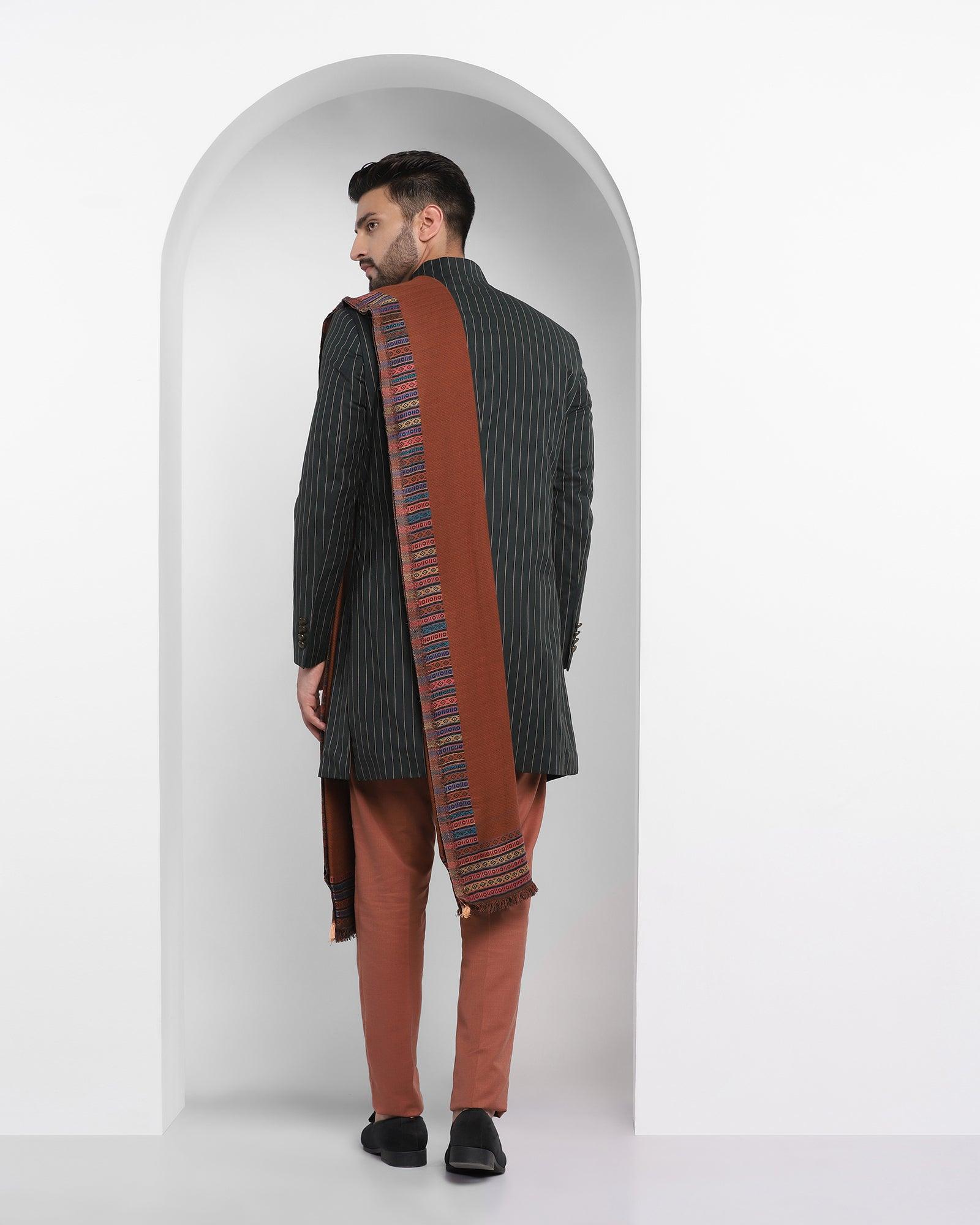 Stripe Ethnic 2 Pcs Suit In Olive (Emeral) - Blackberrys