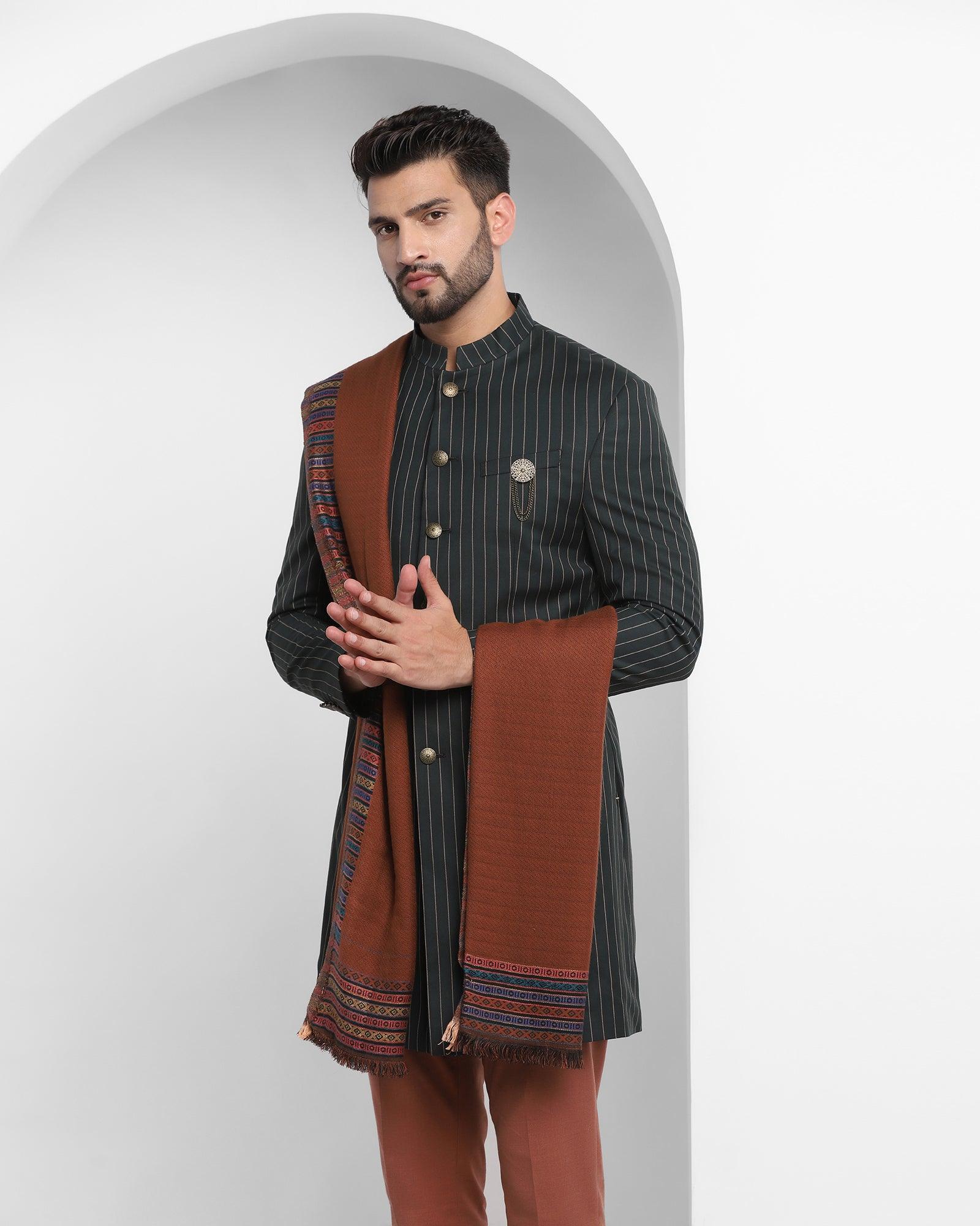 Stripe Ethnic 2 Pcs Suit In Olive (Emeral) - Blackberrys