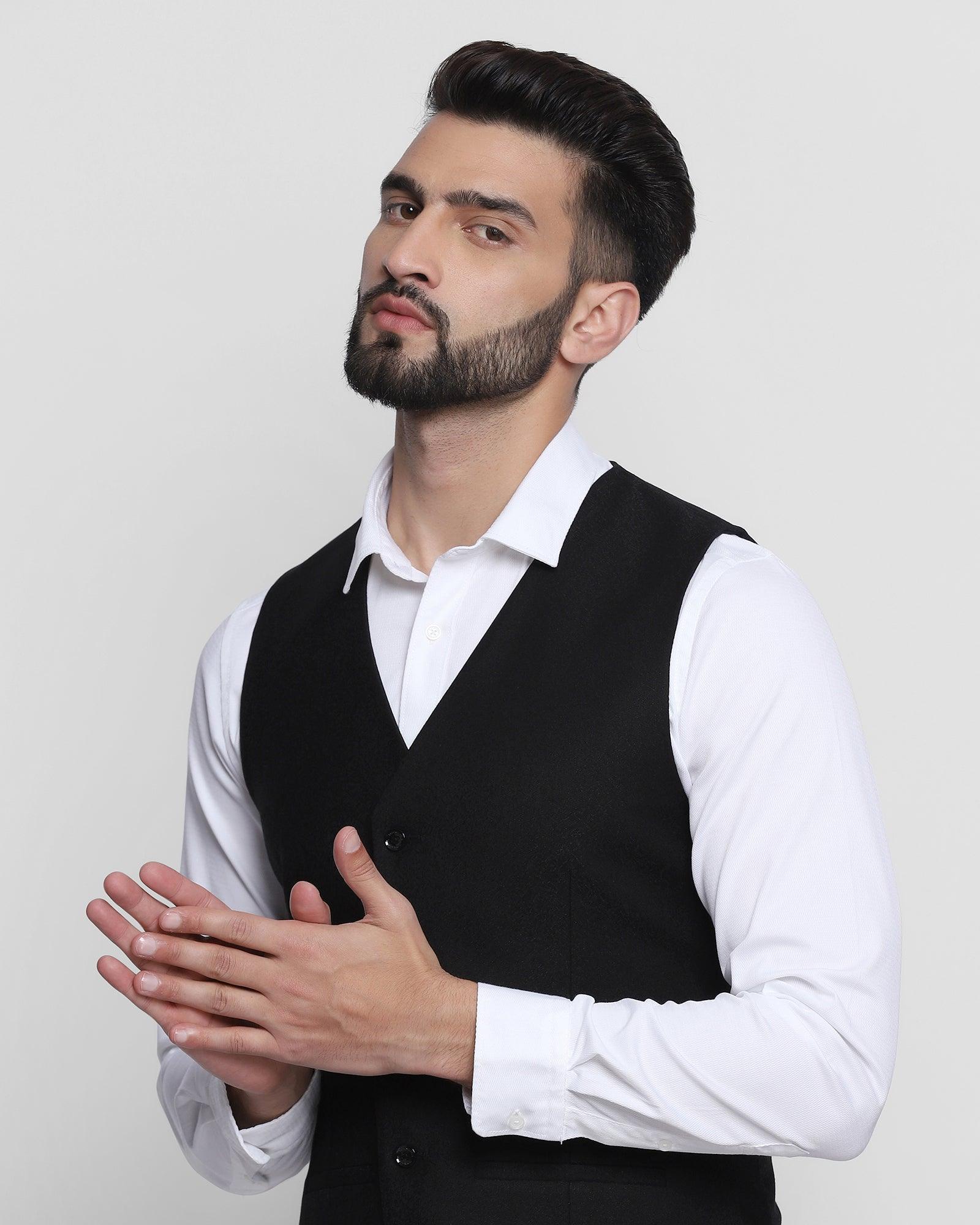 Printed Formal V-Neck Waistcoat In Black (Tereno) - Blackberrys