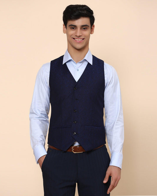 V-Neck Formal Navy Jacquard Waistcoat - Tereno