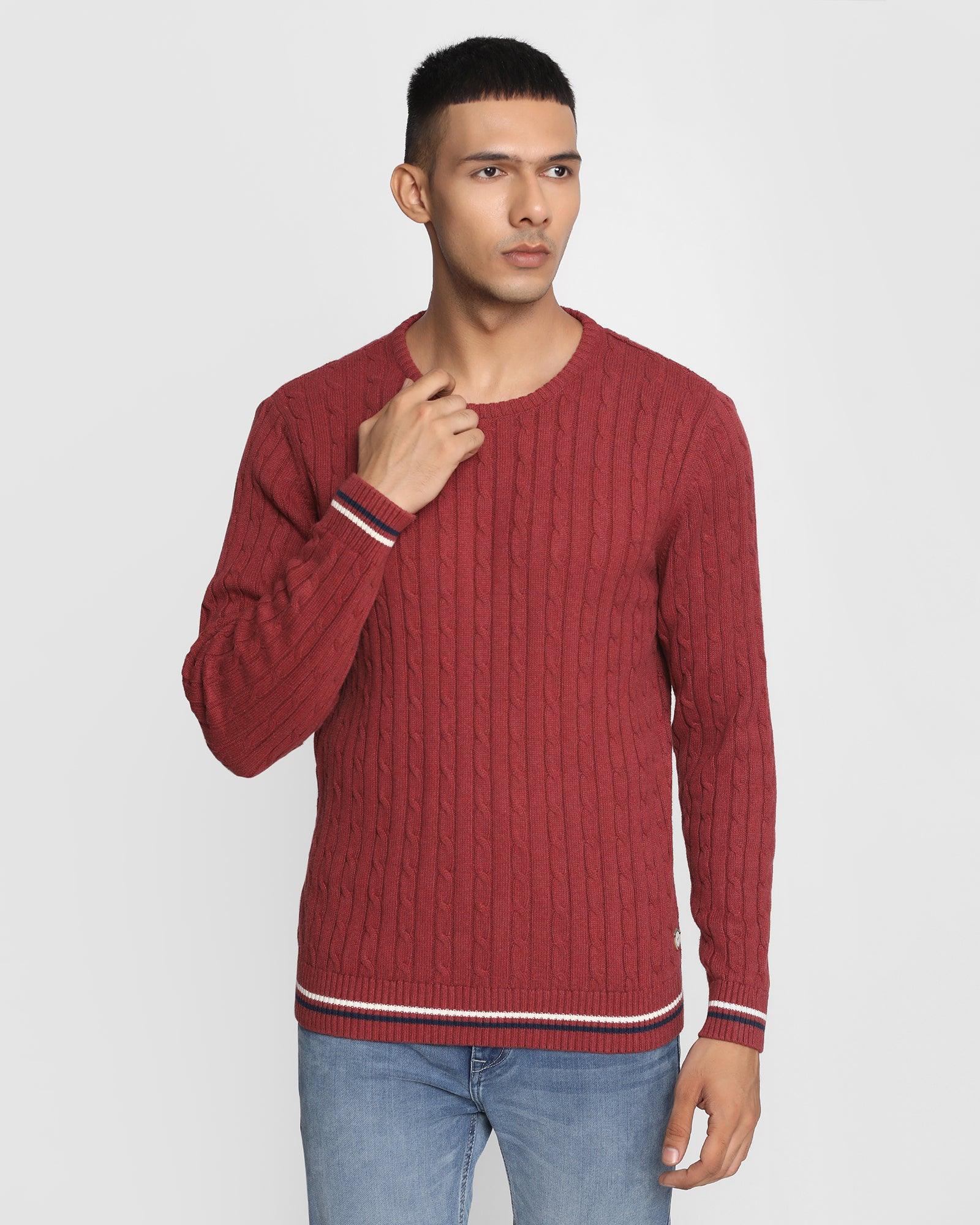 Crew Neck Wine Textured Sweater Cable