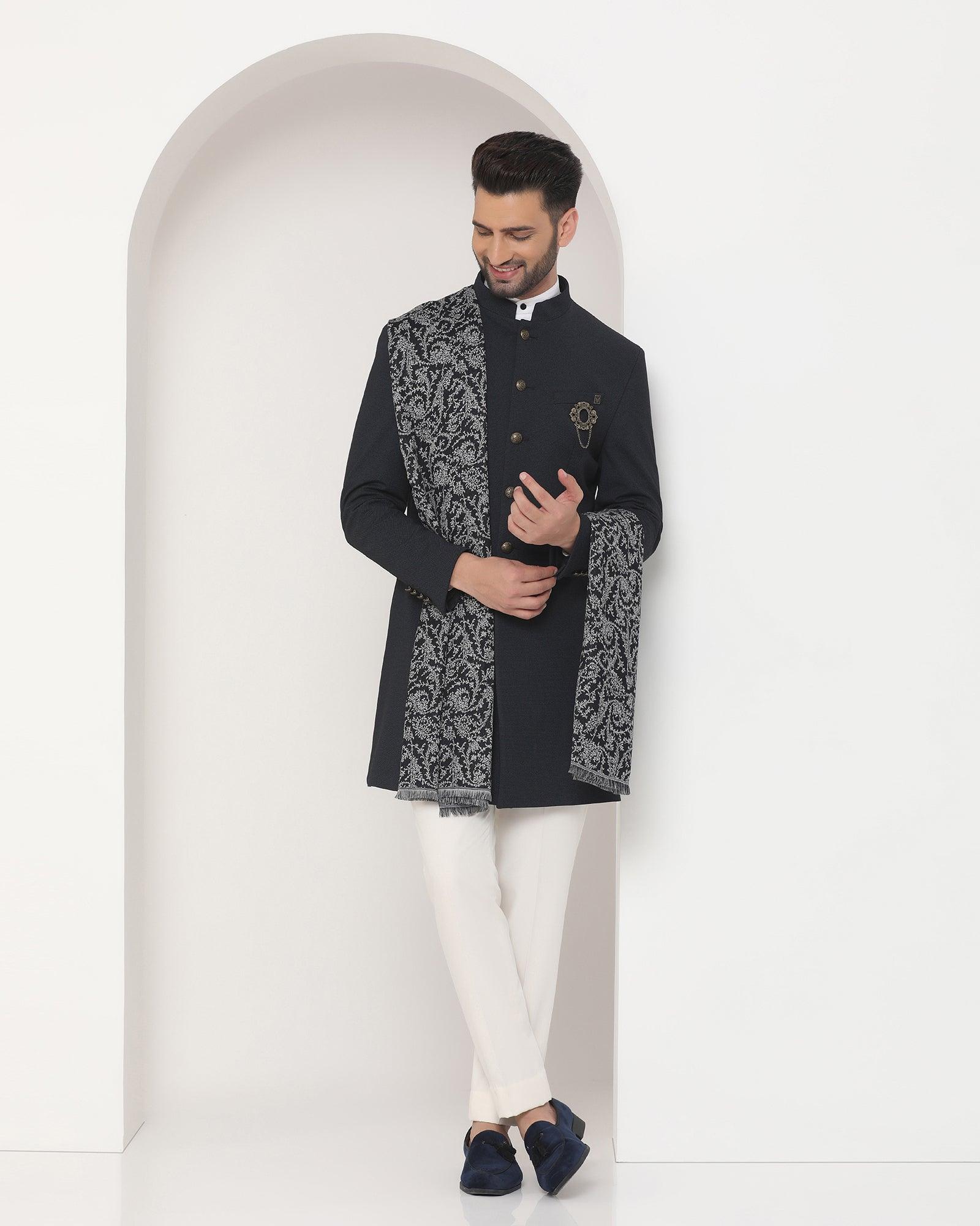 Swarn Two Piece Black Textured Achkan Set - Regal - Blackberrys