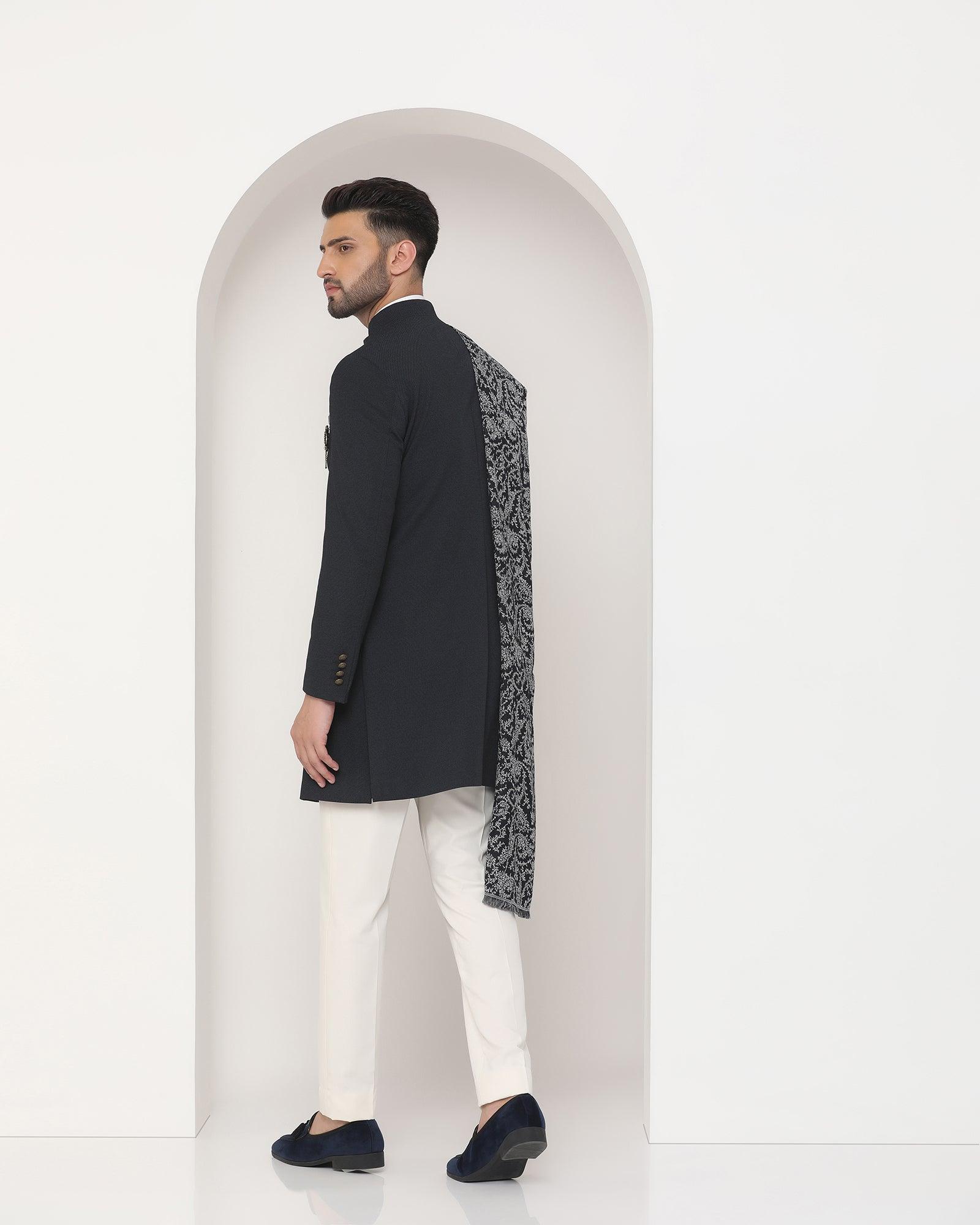 Swarn Two Piece Black Textured Achkan Set - Regal - Blackberrys