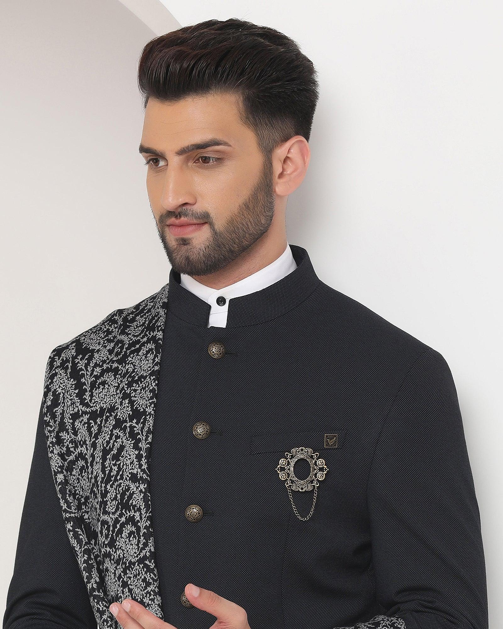 Swarn Two Piece Black Textured Achkan Set - Regal - Blackberrys