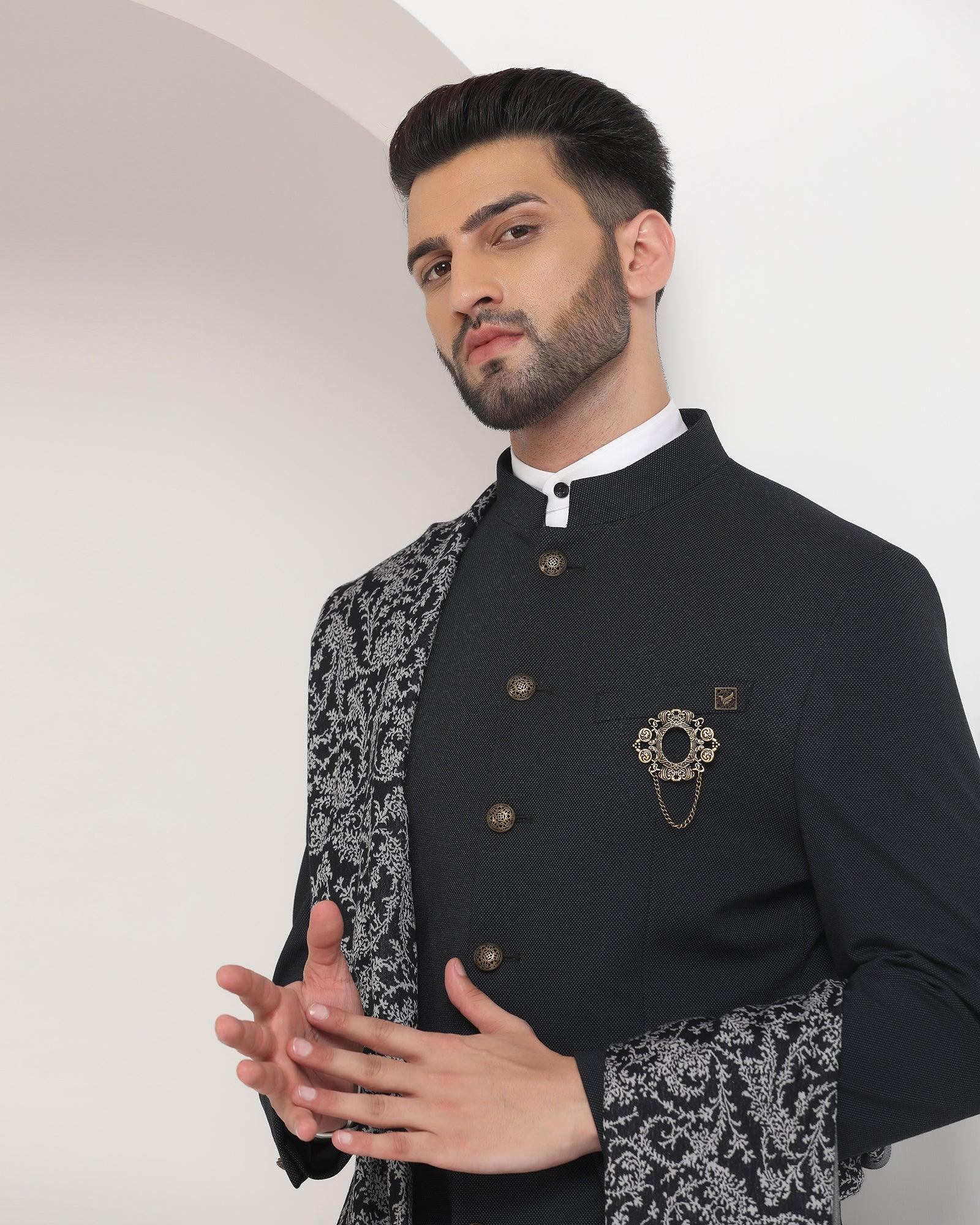 Swarn Two Piece Black Textured Achkan Set - Regal - Blackberrys